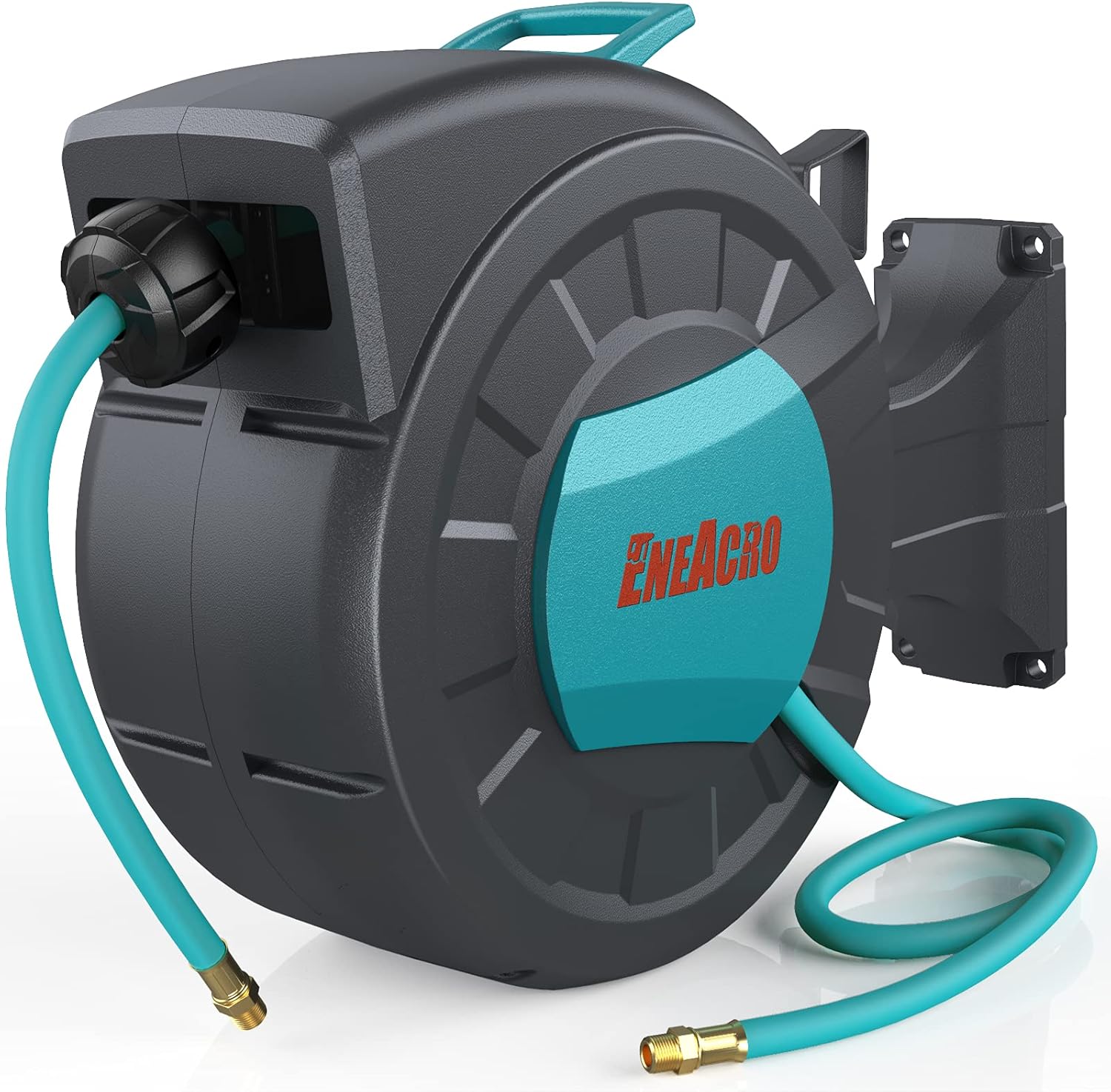 ENEACRO Retractable Enclosed Air Hose Reel with 3/8 in x 50+6.7ft Hybrid Polymer Hose, Heavy Duty Pneumatic Reel, Brass Connector/Auto Rewind/Any Length Lock/ 180° Swivel Bracket, 300PSI - - 