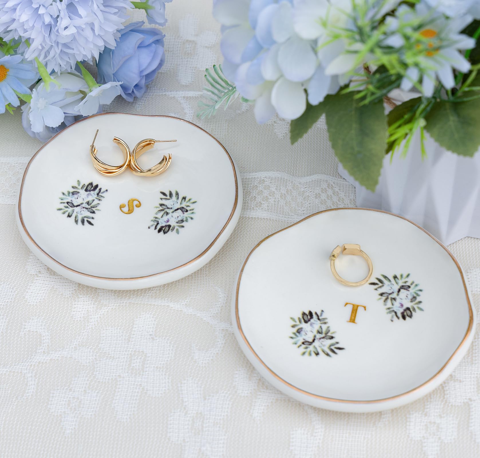 Ceramic Jewelry Tray Ring Dish With Flower Gold Foil Design - 4.57 Inch Trinket Dish For Rings, Earrings & Keys