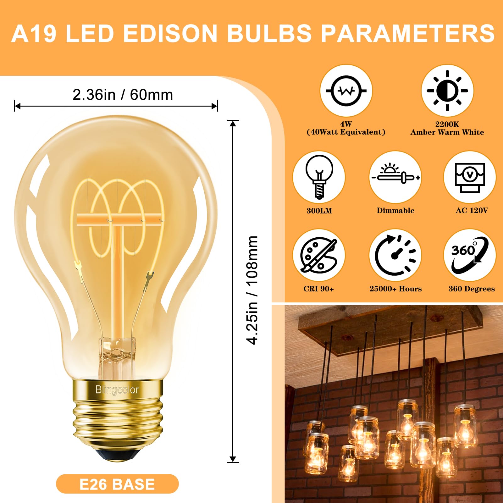 A19 Vintage LED Edison Light Bulbs 40 Watt Equivalent Dimmable E26 4W LED 2200K Amber Warm Light Bulbs — view 3