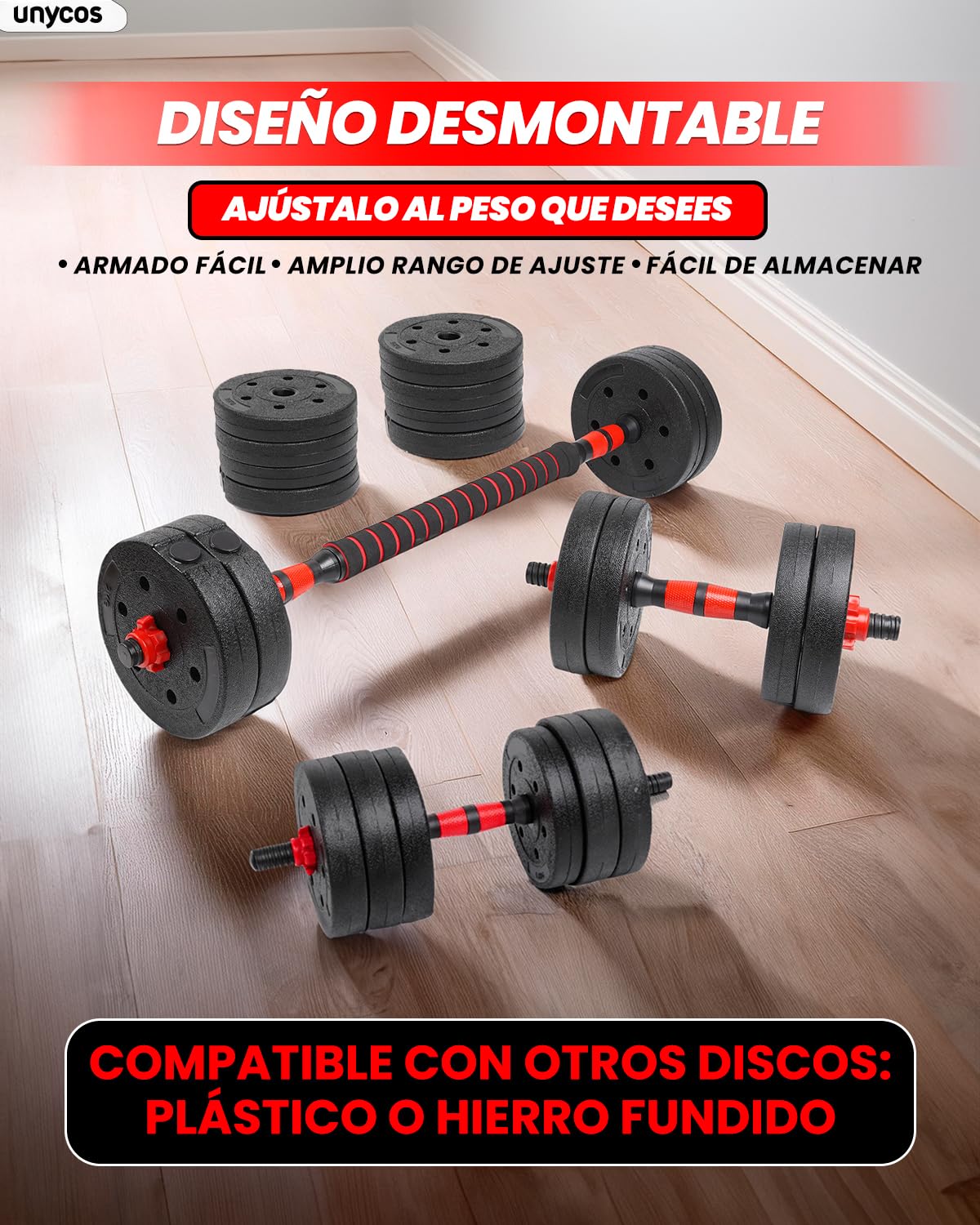 unycos - Juego de Mancuernas Ajustables con Discos Intercambiables y Barra Recta de Conexión, Set de Entrenamiento de Fuerza para Fitness, Gimnasio en Casa