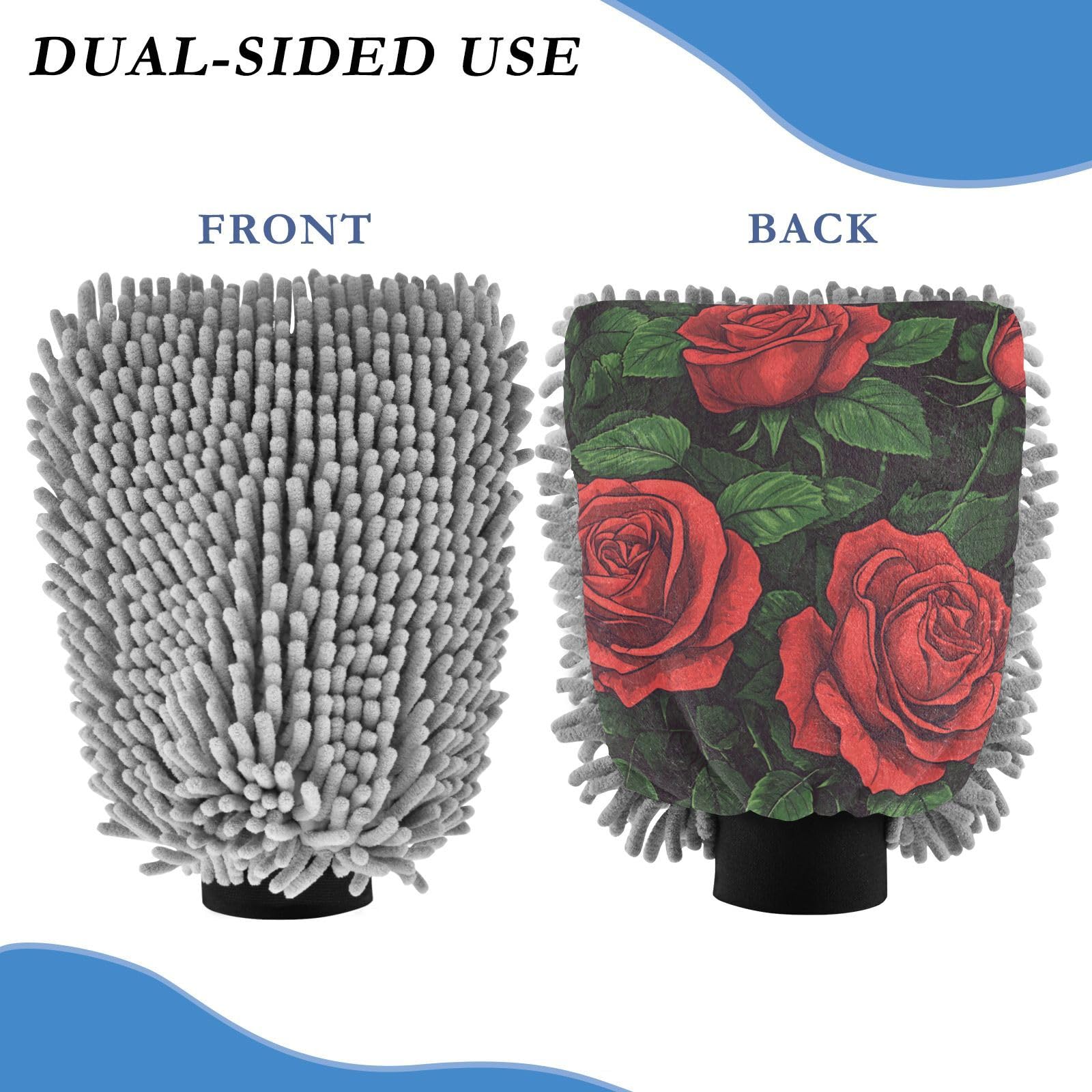 ALAZA Red Rose Flowers Car Wash Mitt Scratch Free, 2 Pack Absorbent Microfiber/Chenille Washing & Drying Mitts, M