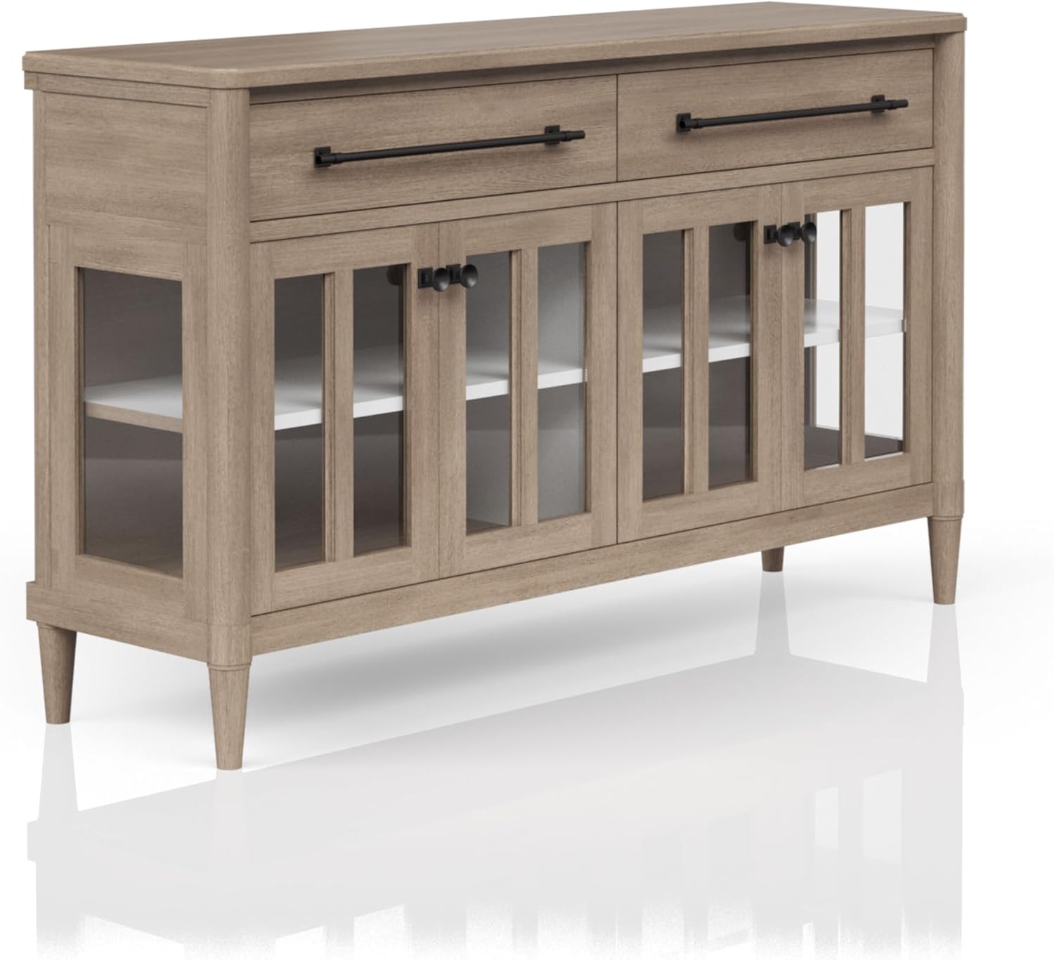 Power Ready Buffet with Glass Cabinet Doors and 2 Storage Drawers, Adjustable Shelf, Sand Colored Finish