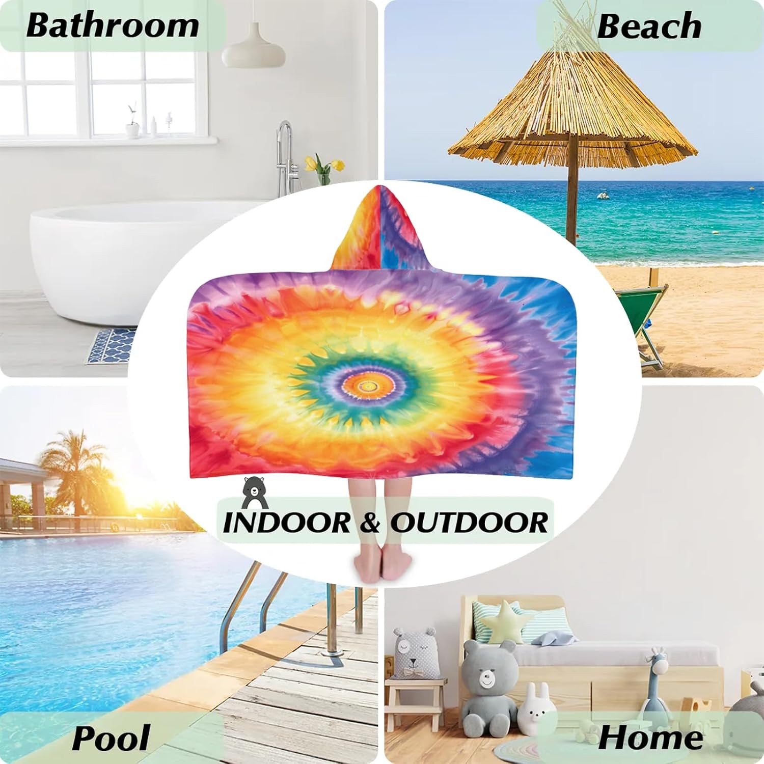 Tie Dye Hooded Towels for Kids Colorful Boho Rainbow Absorbent Soft Pool Swim Beach Bath Towel for Boys Girls, 24 in x 50 in