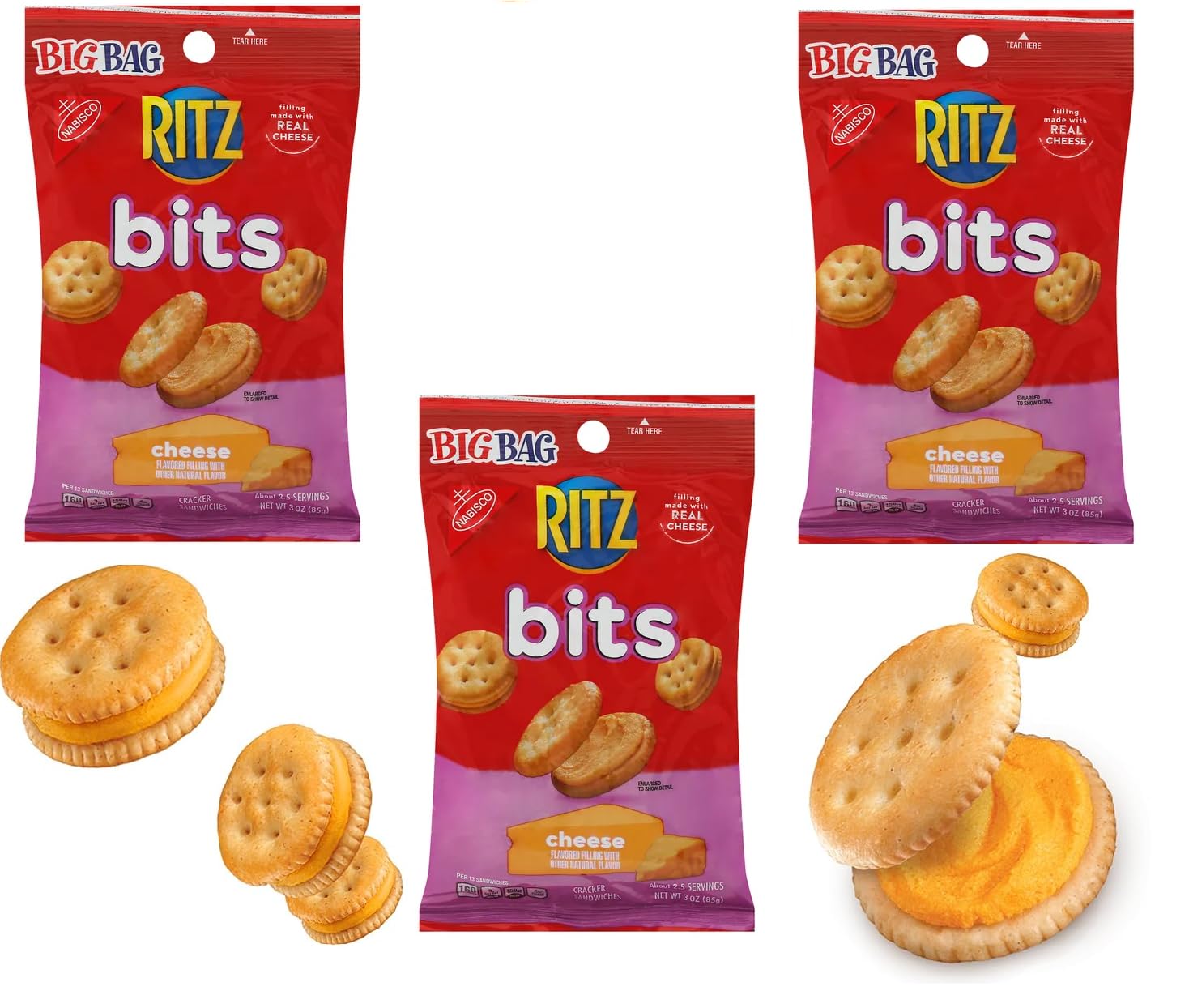 RITZ Bits Cheese Cracker Sandwiches, 3 Ounce Bags Packed with Irresistible Cheese-Filled Mini Crackers for Snacking Delights (Pack of 3)