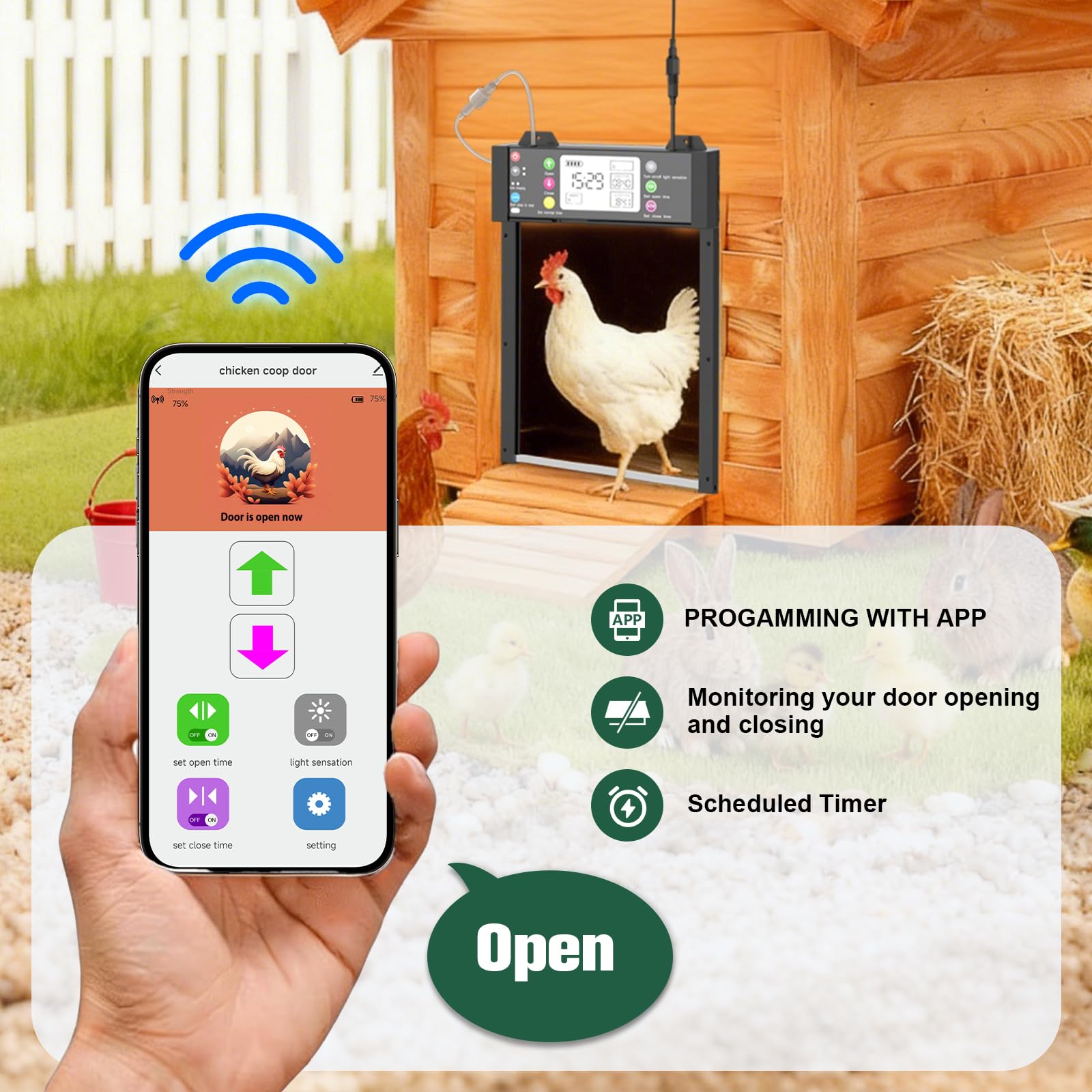 Porta Pollaio Automatica Solare Alluminio, Porta Elettrica Sensore Crepuscolare, Timer, WiFi & App, Sistema Anti-pizzicamento, Schermo LCD, Telecomando e Batteria 4000mAh
