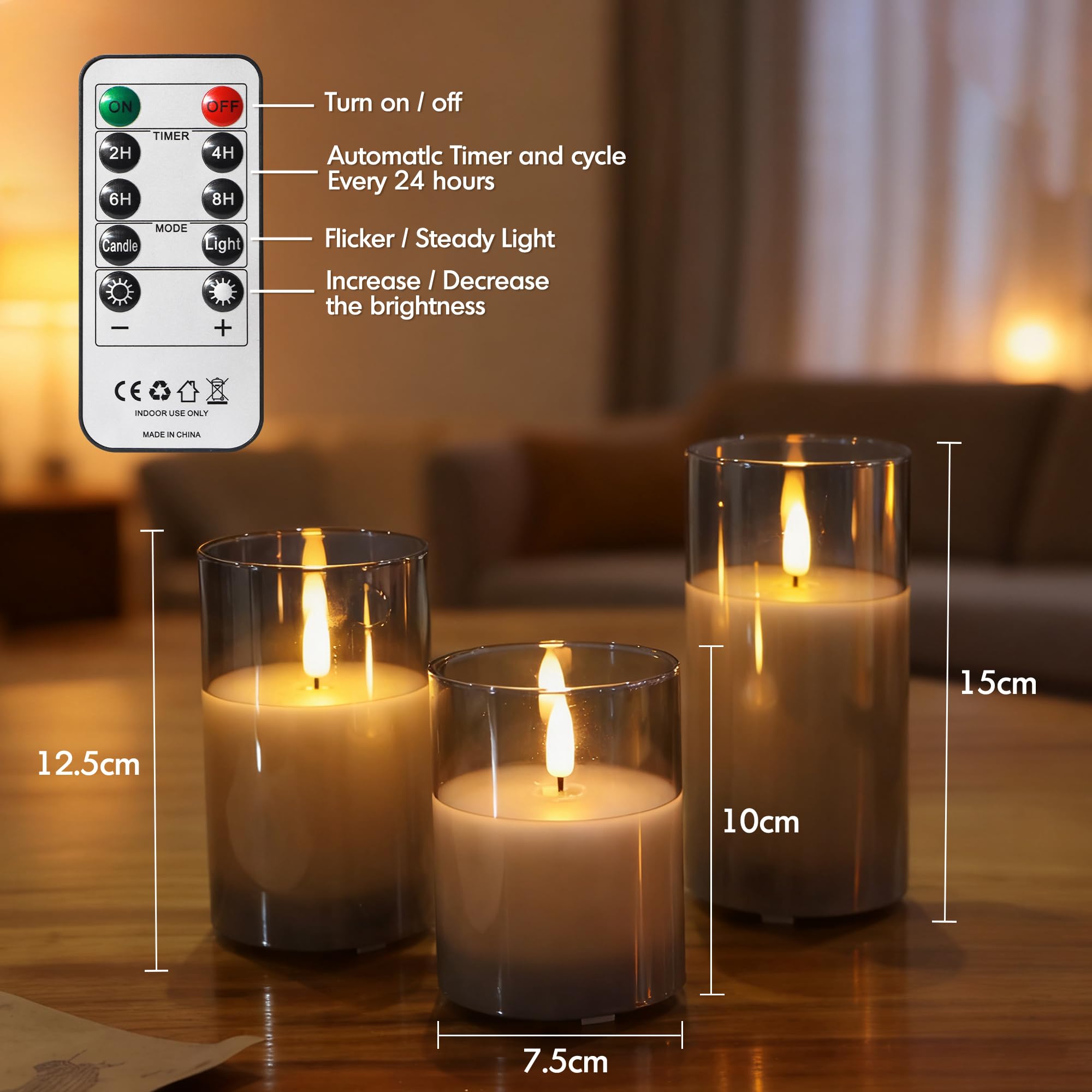 FREEPOWER Set di 3 candele a LED in vetro grigio con telecomando e timer, luce bianca calda tremolante, ricaricabili tramite cavo USB, senza fiamma, cera vera, Ø 7,5 x 10/12,5/15 cm