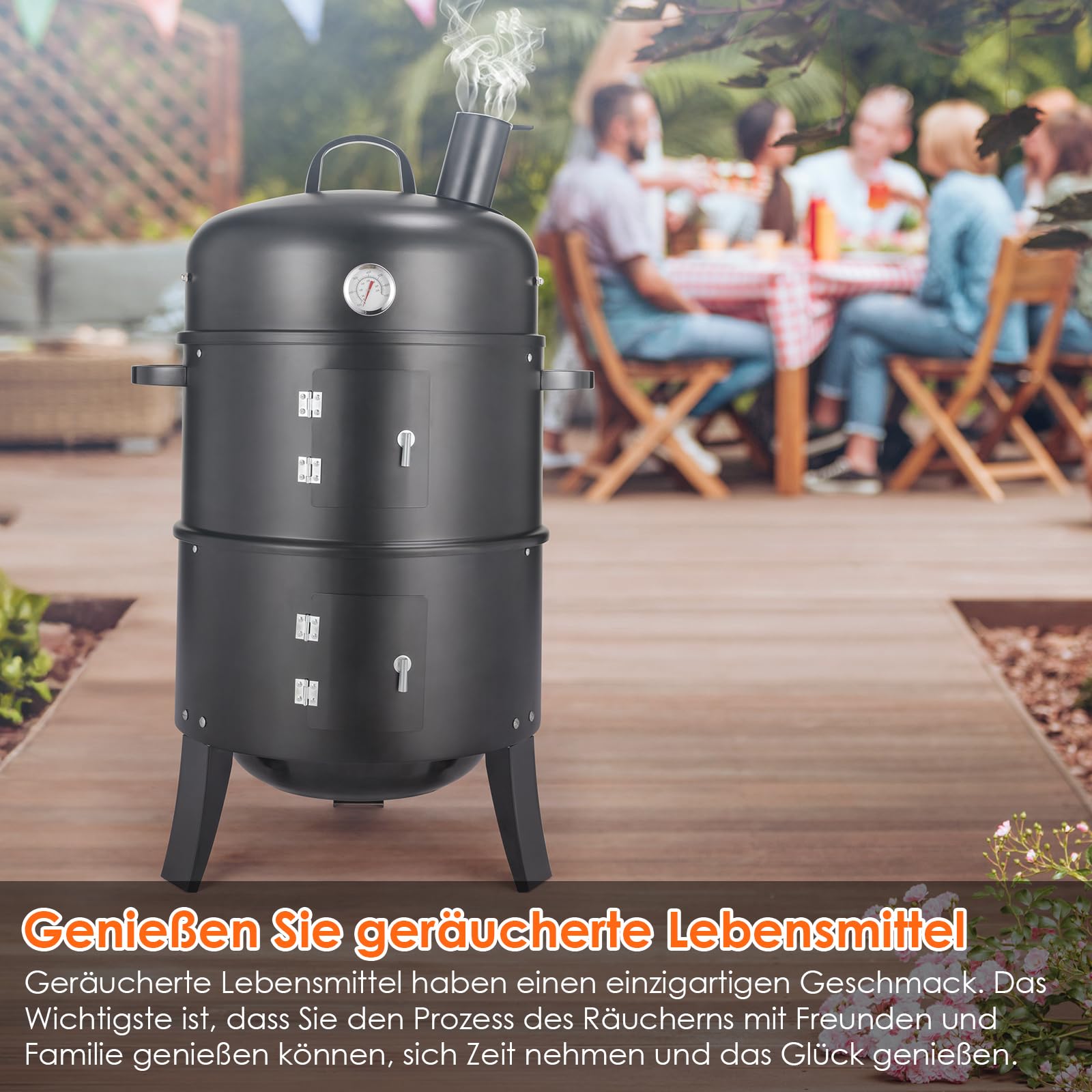 TLGREEN Fumoir 3 en 1, Smoker Fumoir avec Cheminée, Barbecue Charbon de Bois, avec Thermomètre, 2 Grilles Inox (φ 37,5 cm), 2 bol à eau en émail, Barbecue pour Fumer, Griller et Cuisiner
