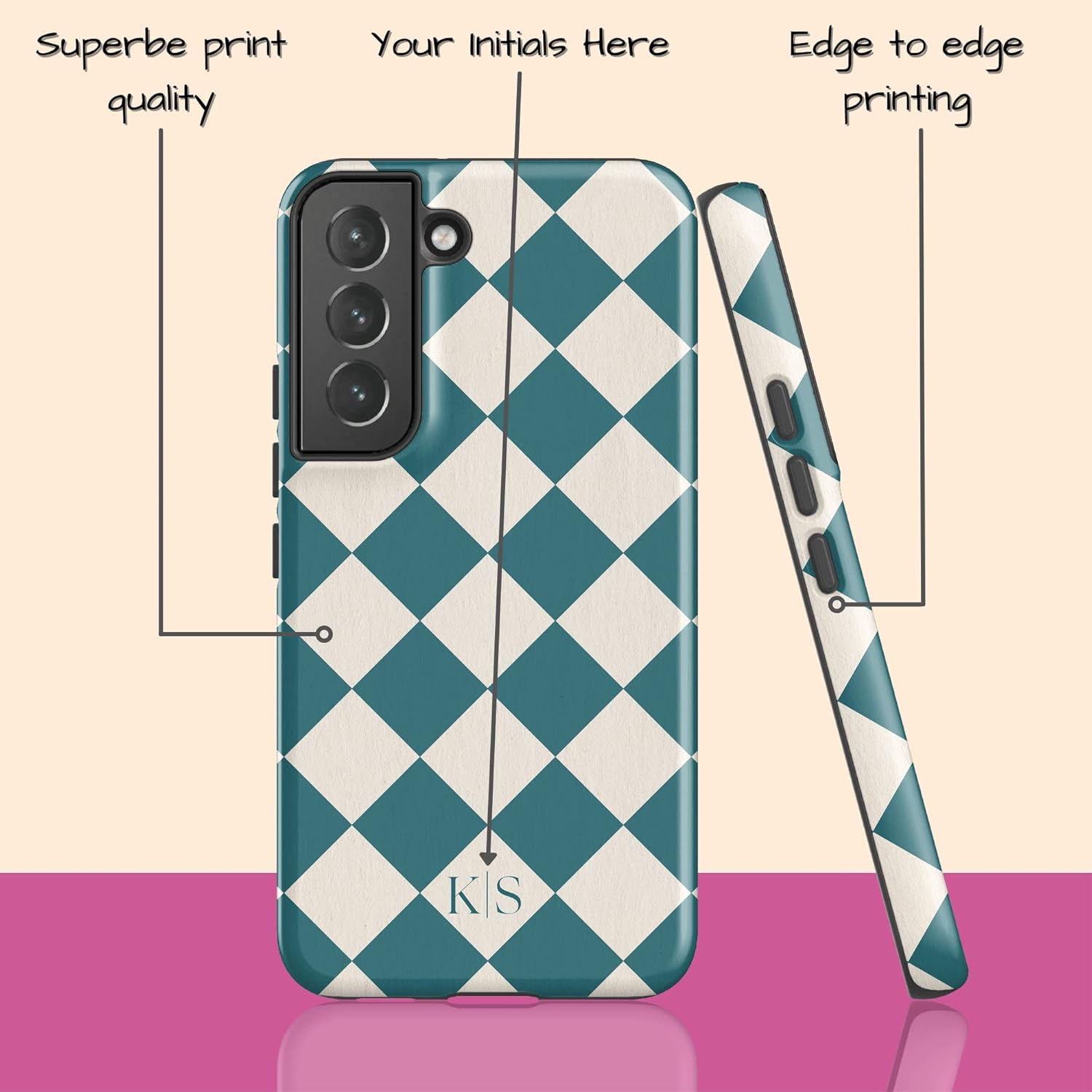 Custom Initials Argyle Checkerboard Personalized Name Phone Case, Compatible with Samsung Galaxy S26 Ultra, S25 Plus, S24, S23, S22, S21, S20 Teal