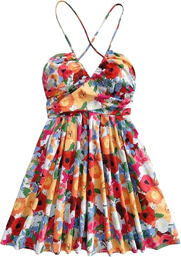 SOLY HUX Women's Boho Floral Print V Neck Dress Criss Cross Tie Back Beach Vacat