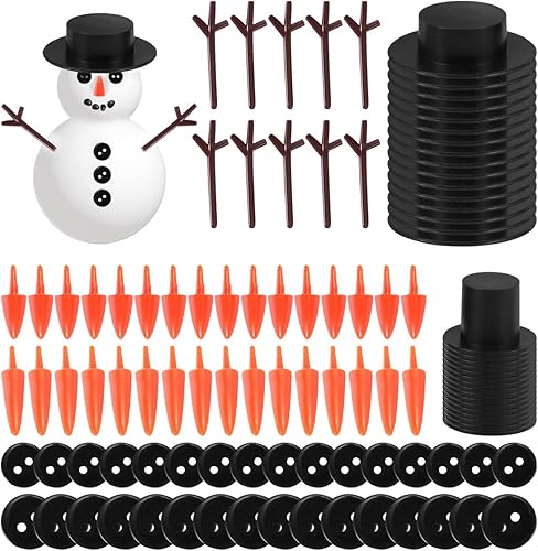 Milisten Kit de 344 botones de manualidades de muñeco de nieve navideño, 60 botones de nariz de zanahoria, 60 mini sombreros negros, 200 botones