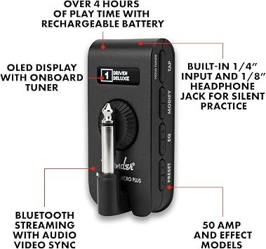 Fender Mustang Micro Plus Kulaklık Amplifikatörü, Şarj Edilebilir Pil, Bluetooth Ses Akışı ve 50 Amper ve Efekt Modelleri, 2 Yıl Garantili