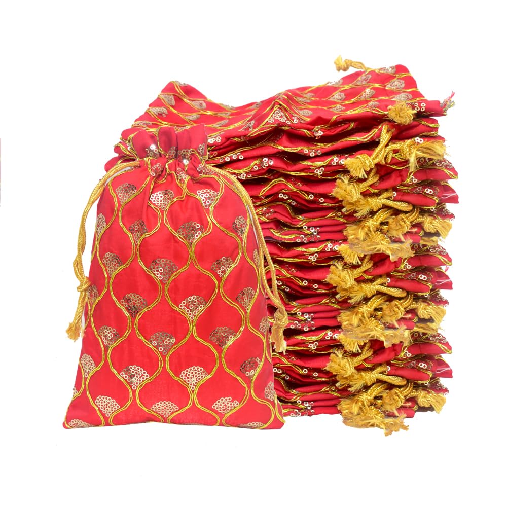 DLC Set of 2 Medium Size Silk Fabric JHAROKHA Potli Bags for Return Gifts with embroidered Heavy Sequin Work, Red ethnic potli jewelry bag for Women Handbag 7 x 9 inches By Dulhan