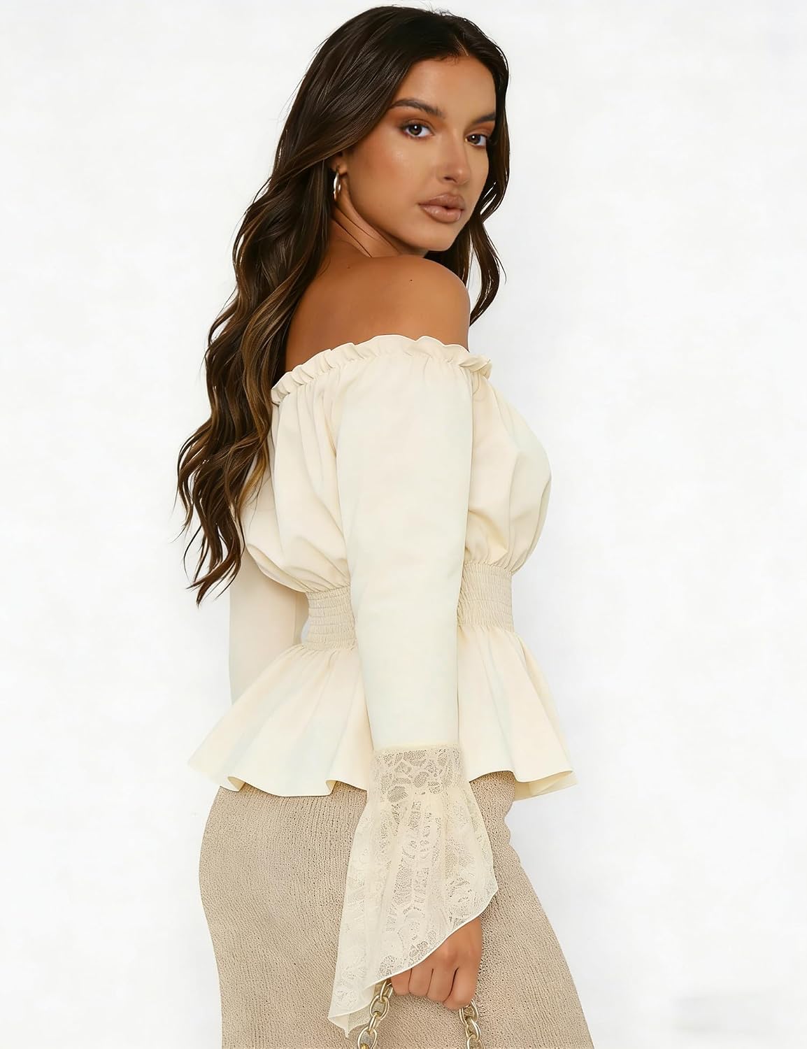 Renaissance Top for Women Off Shoulder Pirate Shirt Lace Bell Sleeve Peasant Blouse Medieval Ren Faire Gothic Tops