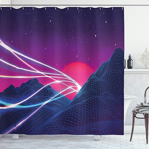 Miniatura 1 de Ambesonne Synthwave Shower Curtain, Abstract Lines on Checkered Mountains and Cosmic Retro Sun Stars, Cloth Fabric Bathroom Decor Set with Hooks,