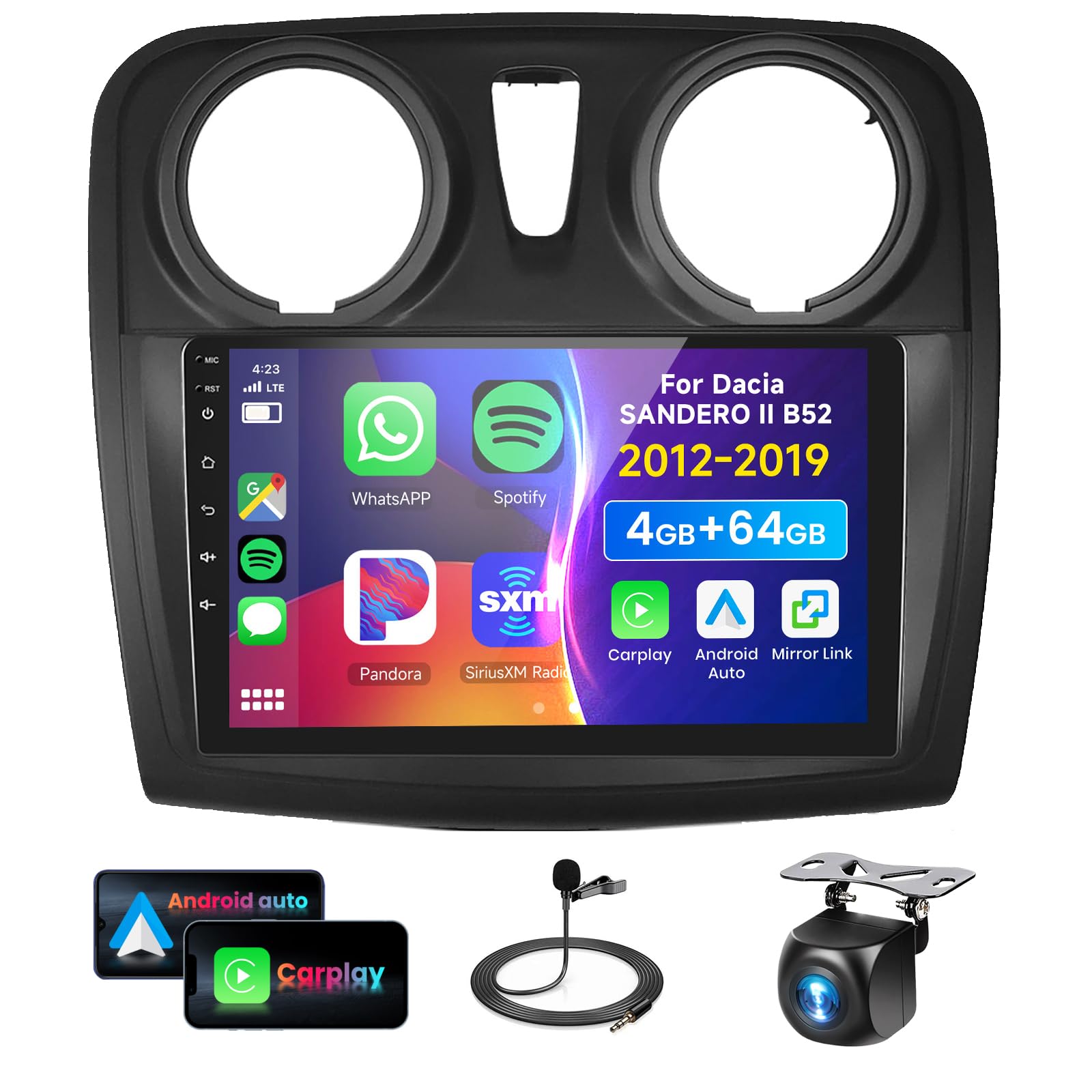 4G/64G VECHTEL 9" Autoradio Bluetooth pour Renault Dacia SANDERO II B52 2012-2019, Carplay, Android Auto, sans Fil, DSP, EQ,1280 x 720, WiFi, GPS, Mirrorlink, RDS/FM, 2 DIN avec caméra de recul AHD