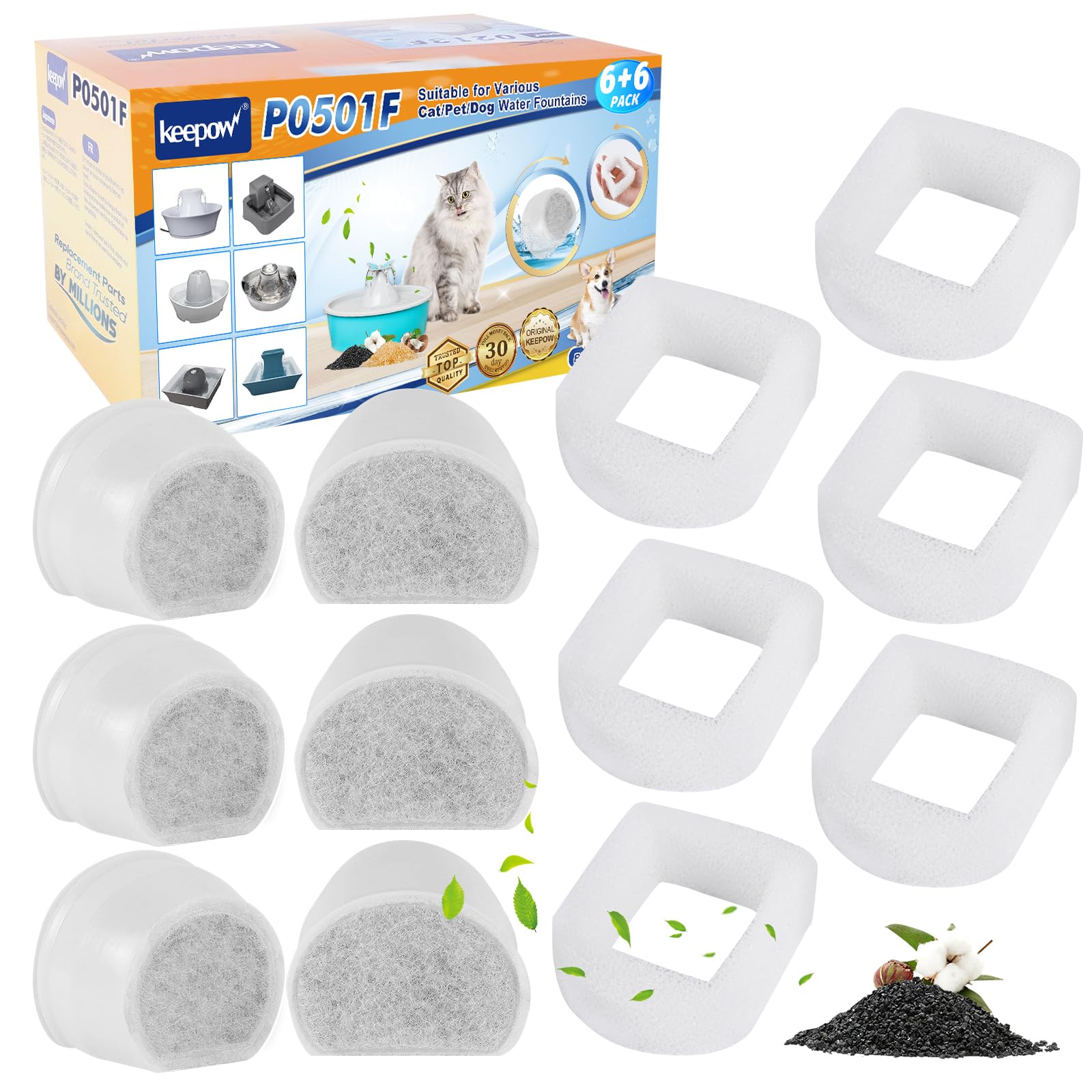 KEEPOW Cat Water Fountain Filter for PetSafe Drinkwell Fountain, 12 Pack Foam Pre-Filter and Carbon Filter for Drinkwell 1 1/2 2 Gallon, Seaside, Creekside, Butterfly, Seascape, Pagoda, Avalon, Sedona