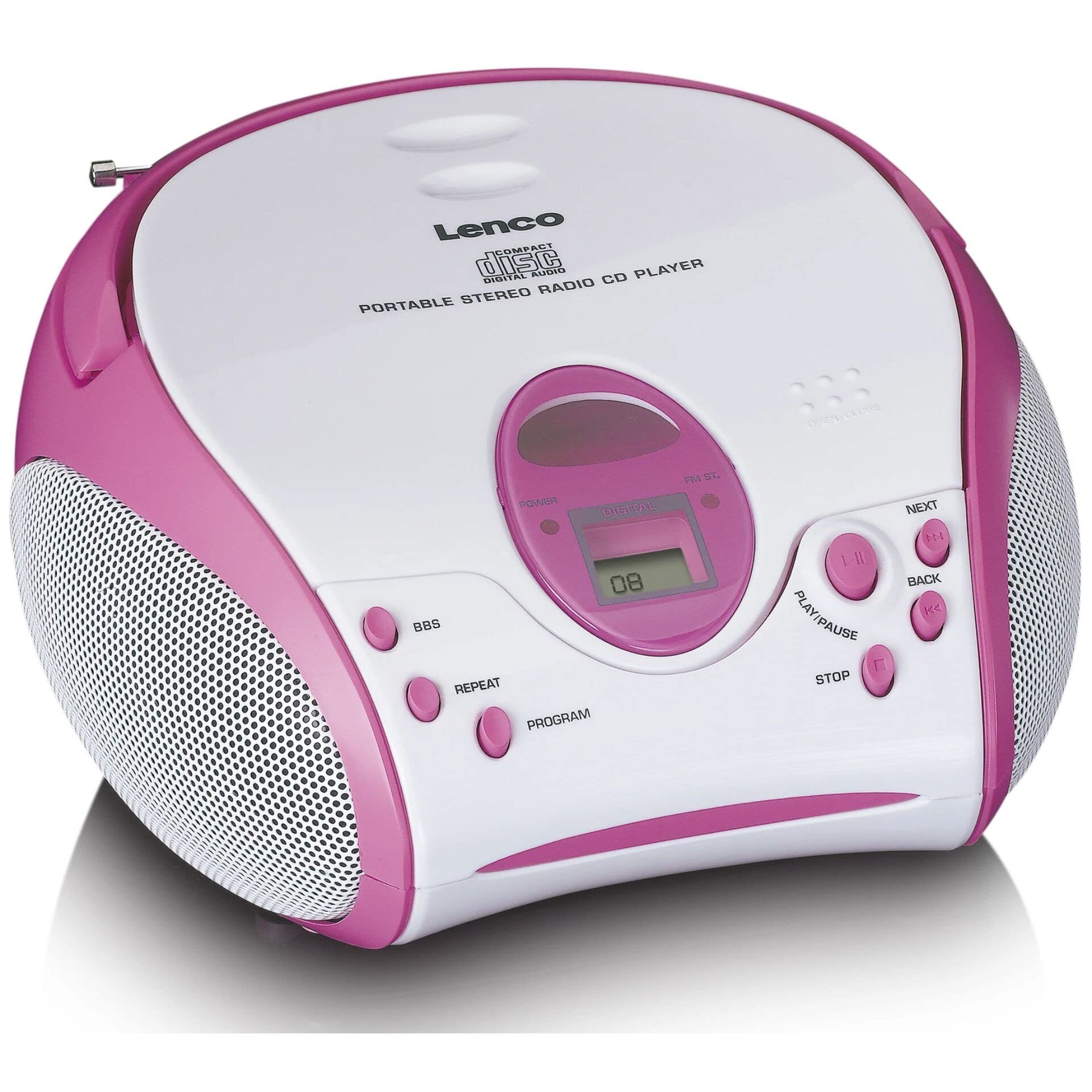 Lenco SCD-24 Kids - odtwarzacz CD dla dzieci - radio CD - z naklejkami - Boombox - tuner radiowy UKW - pamięć utworów - 2 x 1,5 W moc RMS - zasilanie sieciowe i bateryjne - różowy