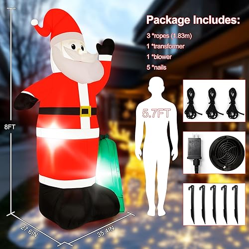 Miniatura 2 de Papá Noel inflable de Navidad de 8 pies con mano agitadora y luces LED integradas, decoración de patio de Papá Noel inflable al aire libre para