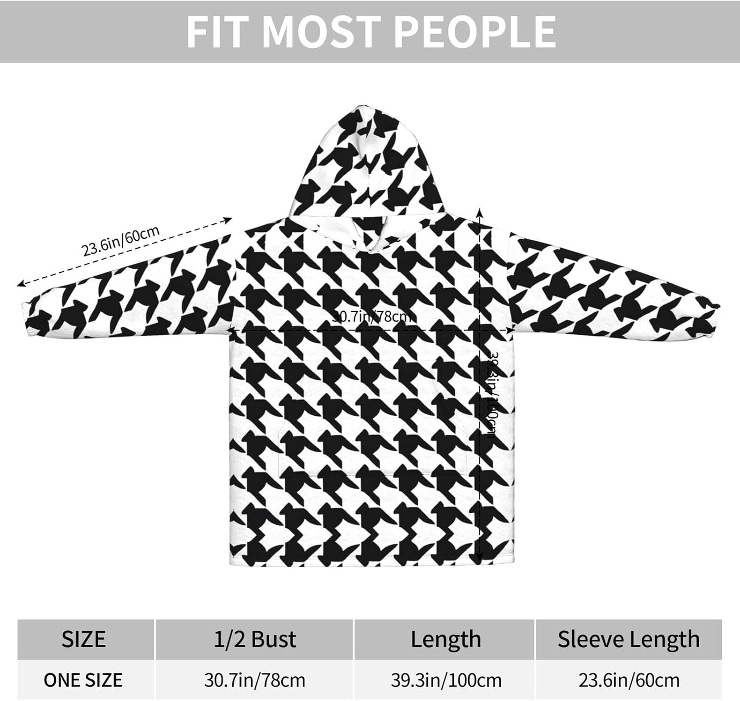 MUSM Houndstooth Black Print Blanket Hoodie Fleece Sweatshirt Blanket With Sleeves And Pockets