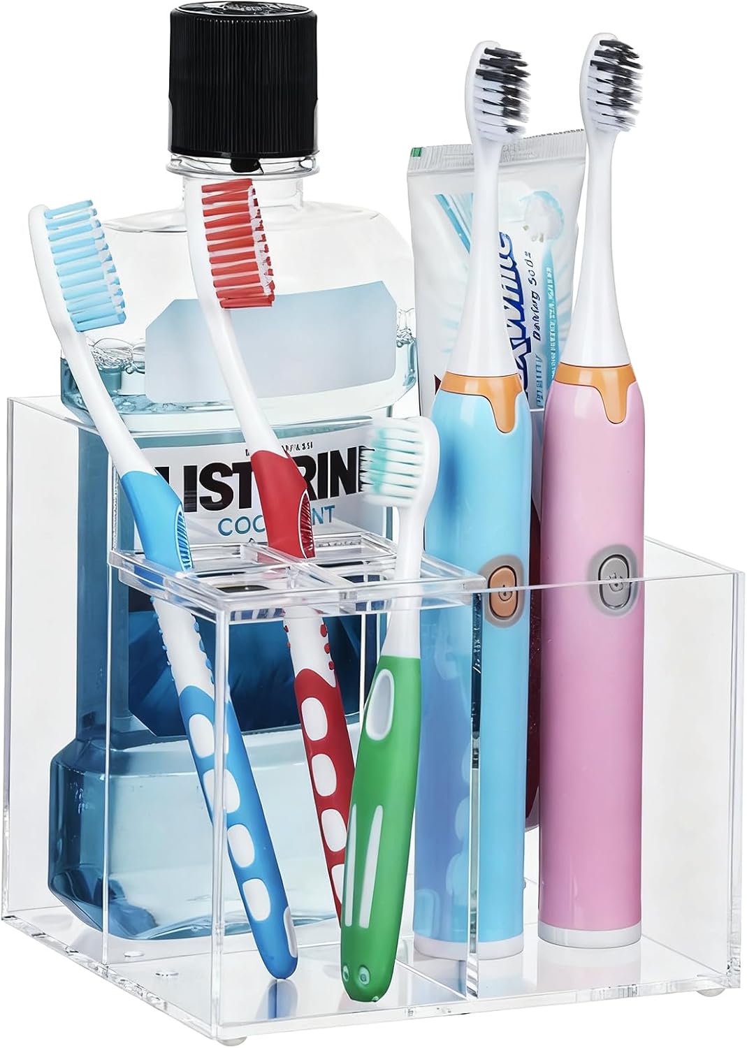 Toothbrush Holder, Clear Acrylic Bathroom Organizer with 4 Toothbrush Slots & 2 Large Compartments, Toothpaste Storage Organizer for Toothpaste, Razors & More