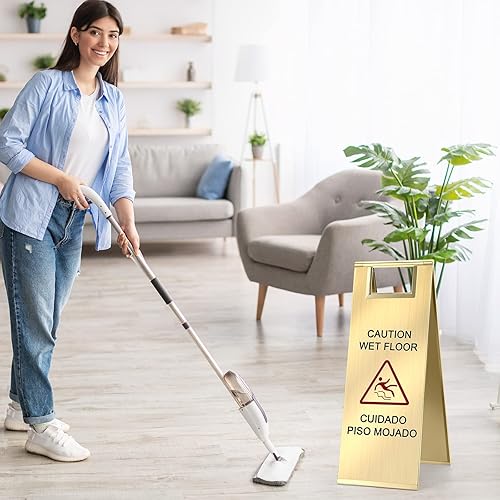 Miniatura 7 de 2 letreros de acero inoxidable para suelo mojado de 8.8 libras y 24 pulgadas, letrero de precaución para suelo mojado de doble cara, portátil,