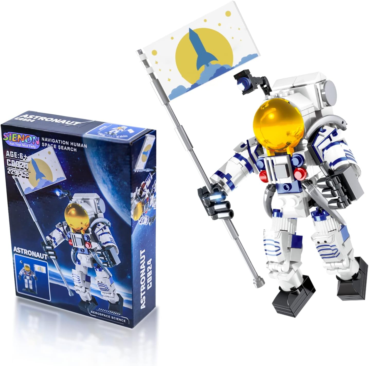 Astronaut Toy Building Kit for Kids and Adults-229pcs Building Block Astronaut Figure Holding the Flag with Movable Joints, DIY Spaceman Construction Toy City Space Building Set
