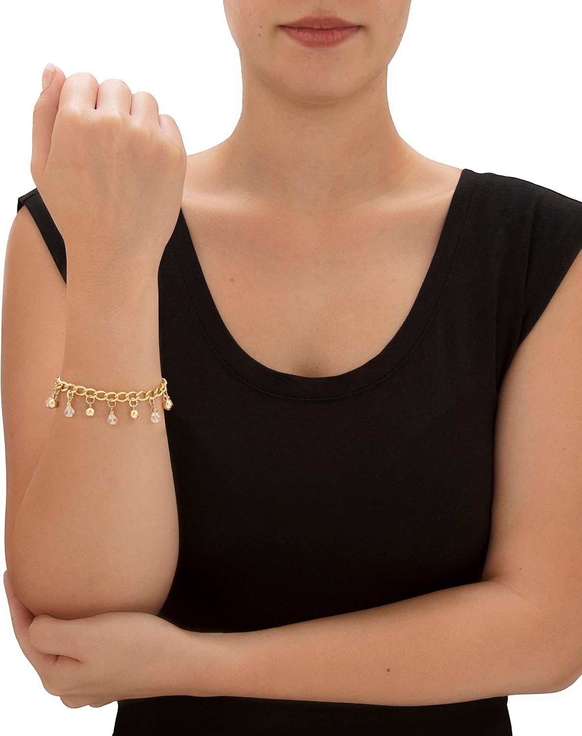 PalmBeach Goldtone Round Crystal and Beaded Charm Bracelet (7mm), Toggle Clasp, 7.5 inches