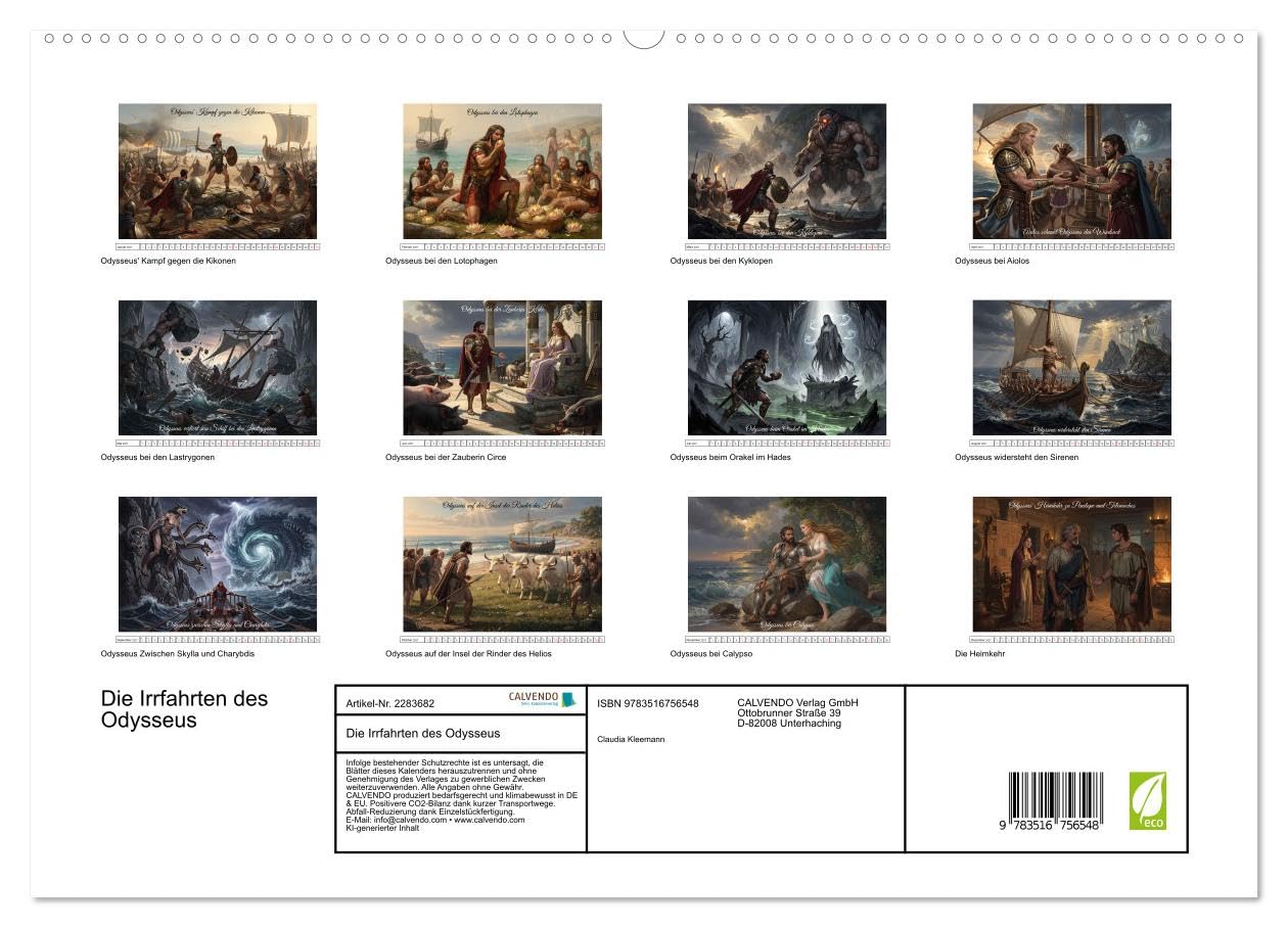 Die Irrfahrten des Odysseus (hochwertiger Premium Wandkalender 2027 DIN A2 quer), Kunstdruck in Hochglanz: Griechische Legende - Stationen der gefährlichen Heimfahrt (CALVENDO Kunst)