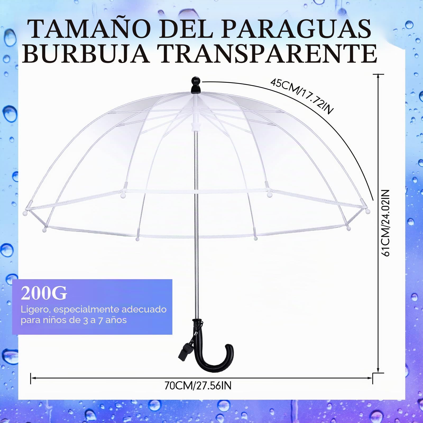 Jexine Paraguas Transparente de Burbujas para niños, 4 Unidades, con Mango de fácil Agarre, Resistente al Viento, con Silbato para niños y niñas de 3 a 7 años