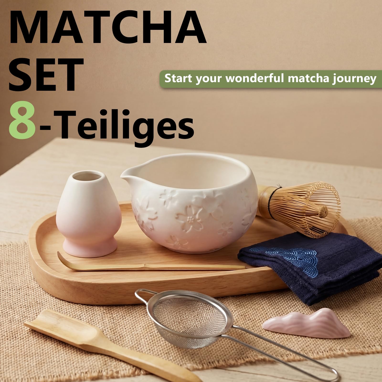 8 pezzi Matcha Kit, Matcha Set tradizionale in ceramica con Frusta Matcha, Ciotola, Cucchiaio, Filtro, Supporto, Kit Matcha completo, Elegante Set per Amanti del Matcha, Bianco Rosa