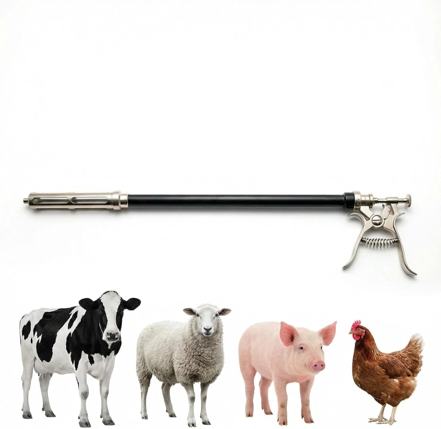 50CC Veterinary Long-Arm Continuous Livestock Syringe Gun, 81cm (31.9-Inch), 1-5mL Adjustable, Luer Lock, Heavy-Duty Metal, for Large and Medium Livestock Vaccinations