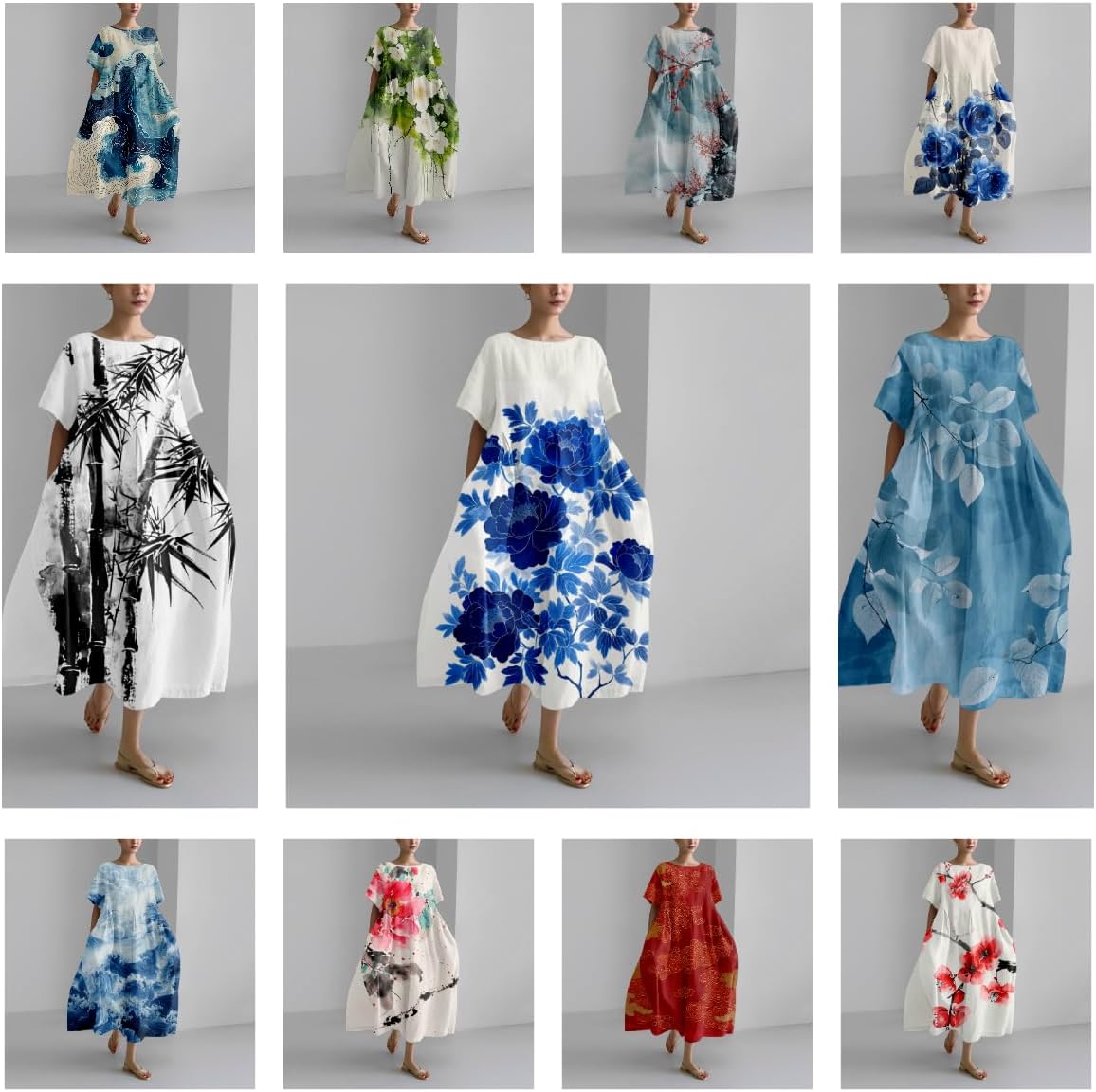 Maxi Dresses for Women 2024 Japanese Art Floral Print Crew Neck Short Sleeve Casual Boho Oversized Dress - Image 3