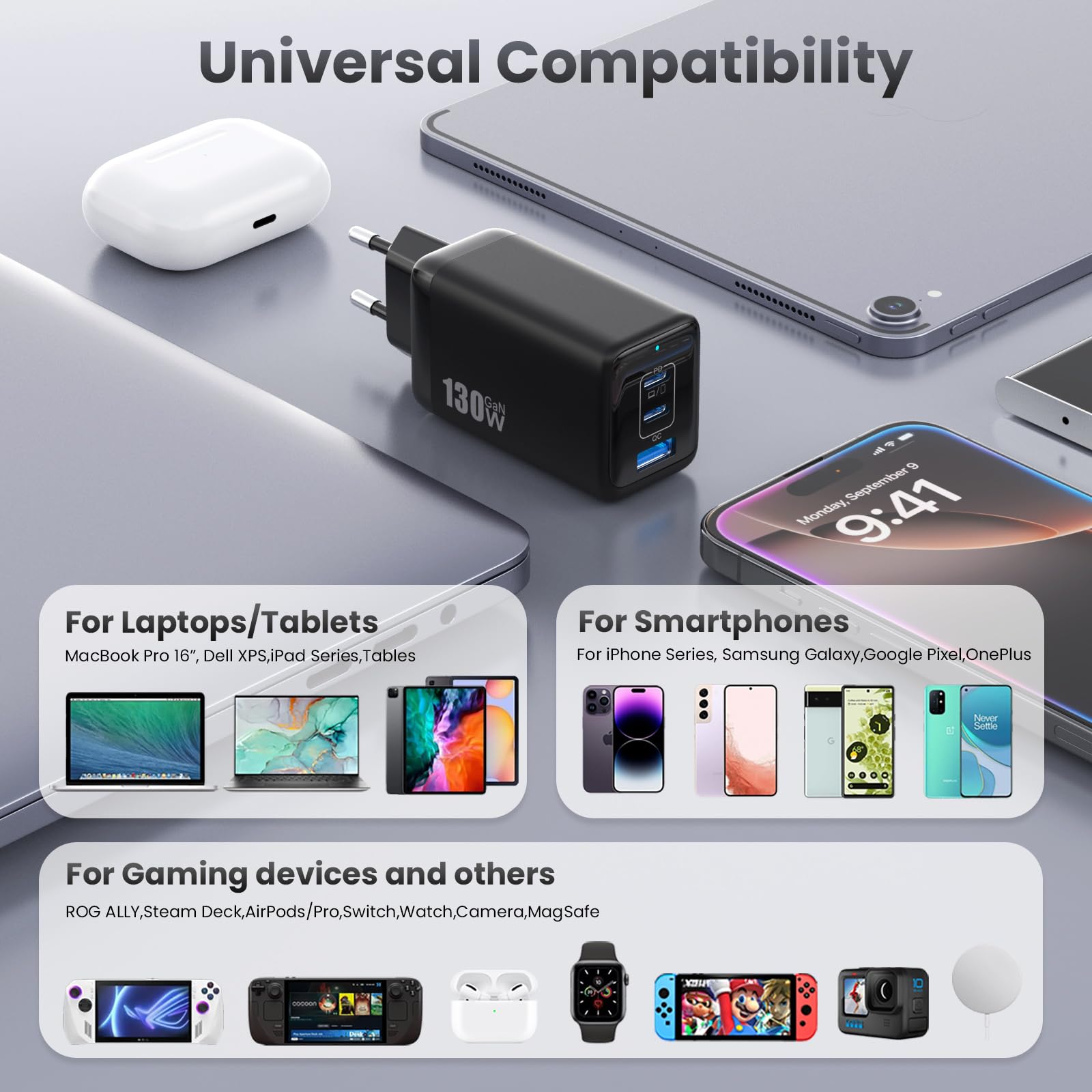 130W Caricatore USB C, 3 Porte GaN III Tech Alimentatore USB C, 65W PD+PPS Compatto Caricabatterie Ricarica Rapido Presa USB Compatibile con MacBook Pro/Air, iPad, iPhone 16/15, Galaxy S24 (Nero)