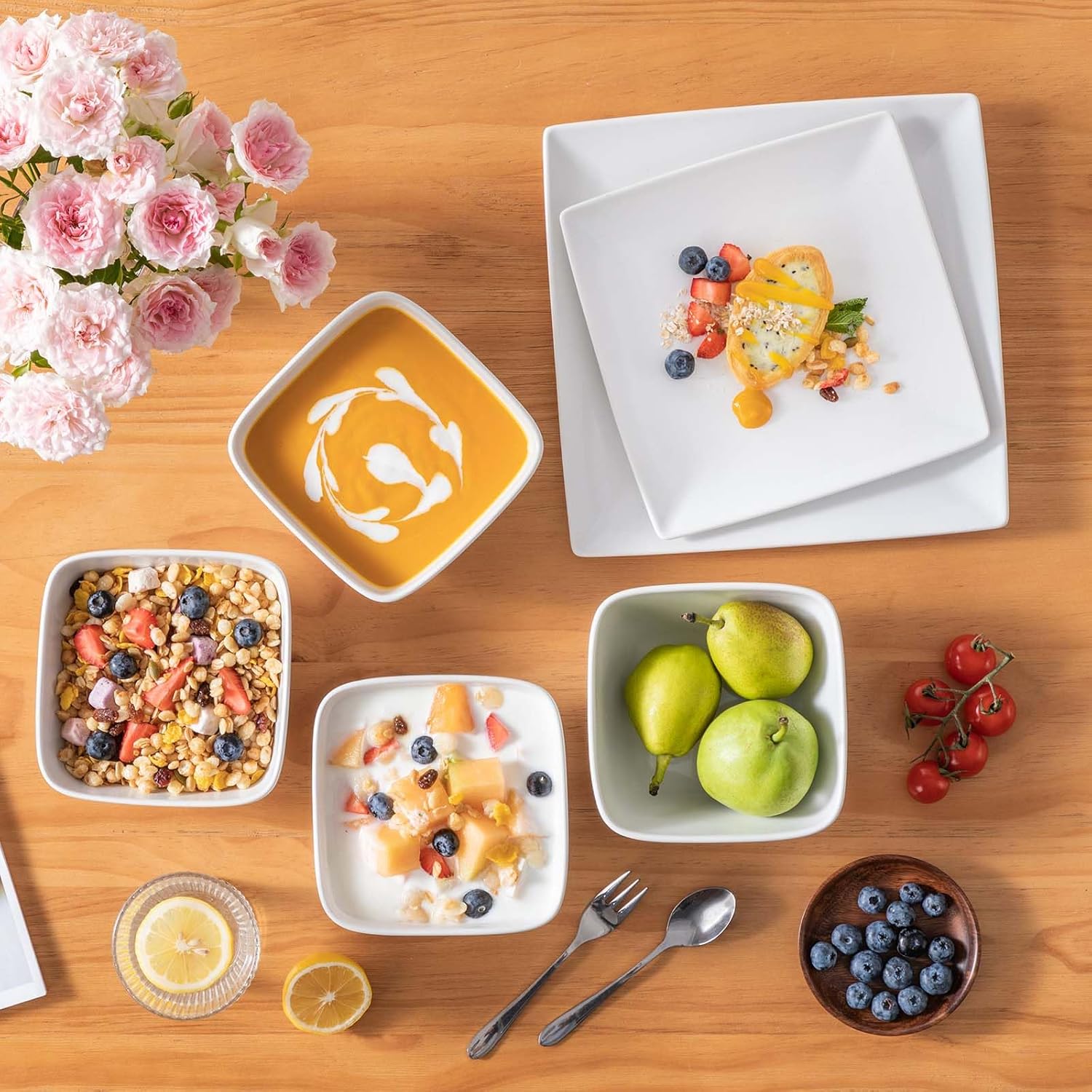 vancasso Soho Dinnerware Sets 12 Pieces, White Stoneware Square Place Setting, Dinner Plate, Dessert Plate, Bowls Service for 4 - Image 7