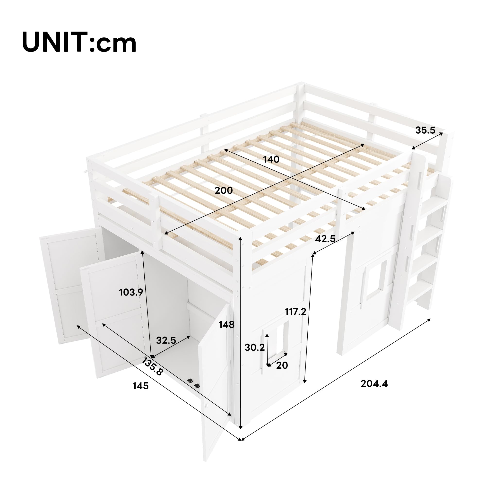 Kinderbett Etagenbett 140x200 Hausbett Hochbett mit Kleiderschrank & LED-Licht & Fenstern, Bettgestell mit Rausfallschutz & Lattenrost, Stockbett Spielbett Jugendhochbett, Kiefer, Ohne Matratze, Weiß