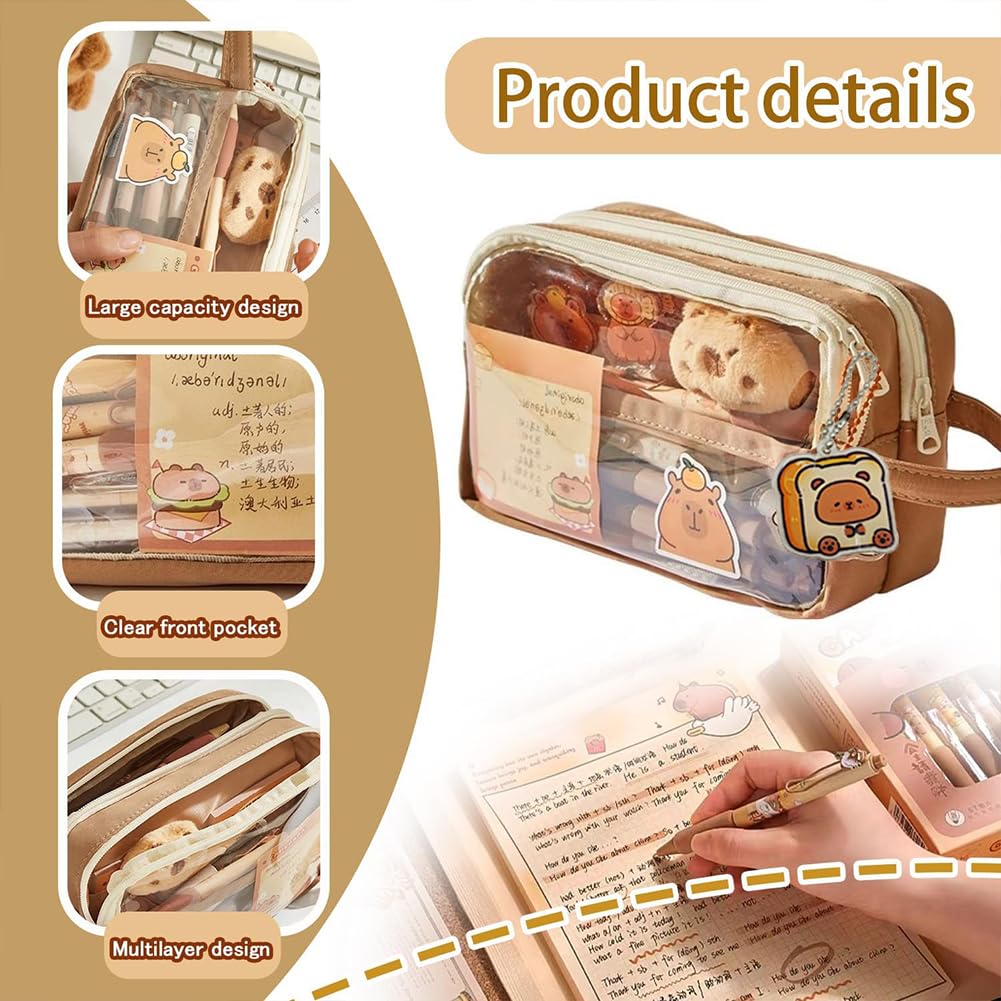 Capybara Pencil Case with Large, Capybara Stationery Set including Stickers,Memo Pad, Plush, Keychain,Cute Pencil Case - Image 3