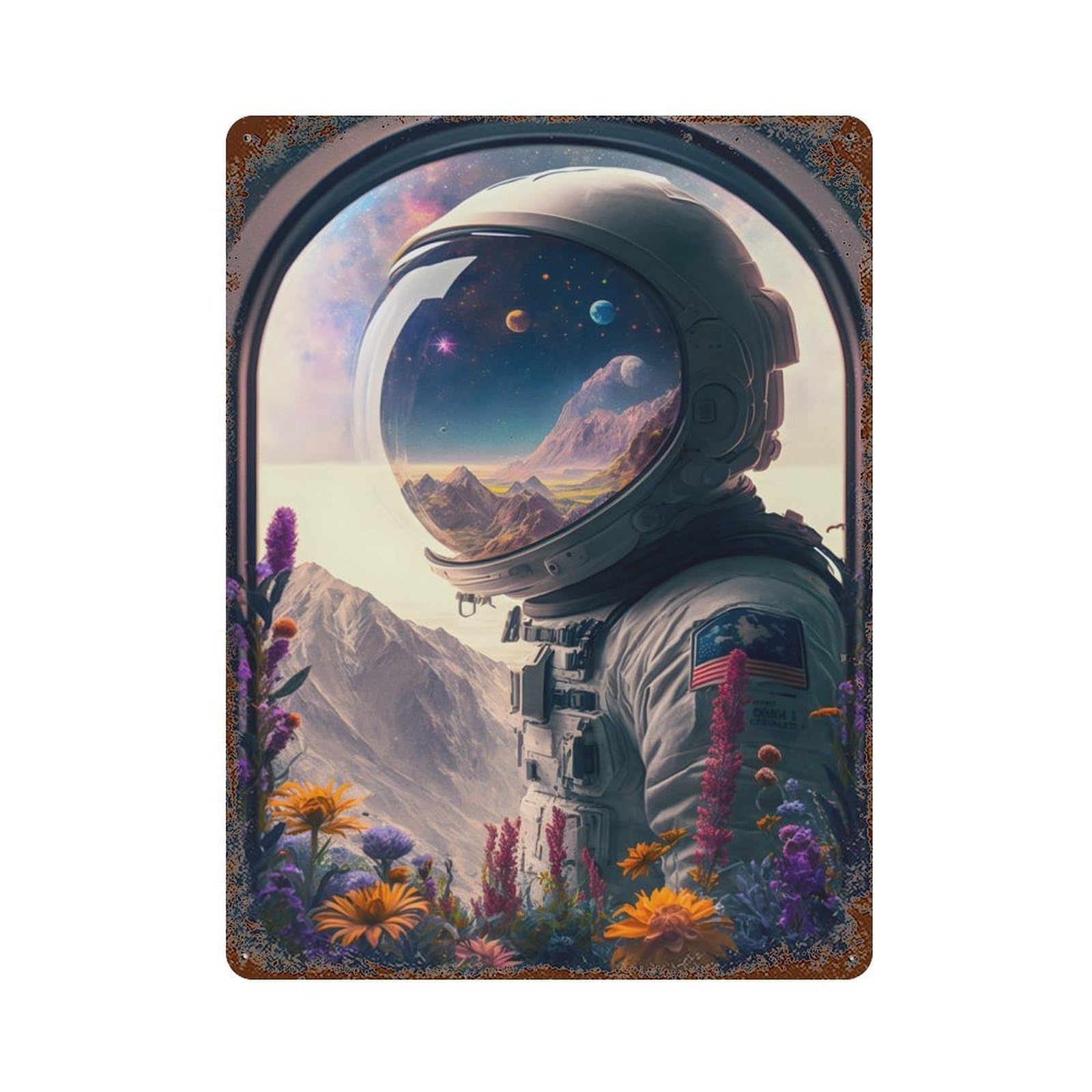 Astronaut And Flowers Wind Rusty Metal Tin Sign 15.7"x11.8", for Basement, Hobby Room And Garage Decor, Retro Wall Decor