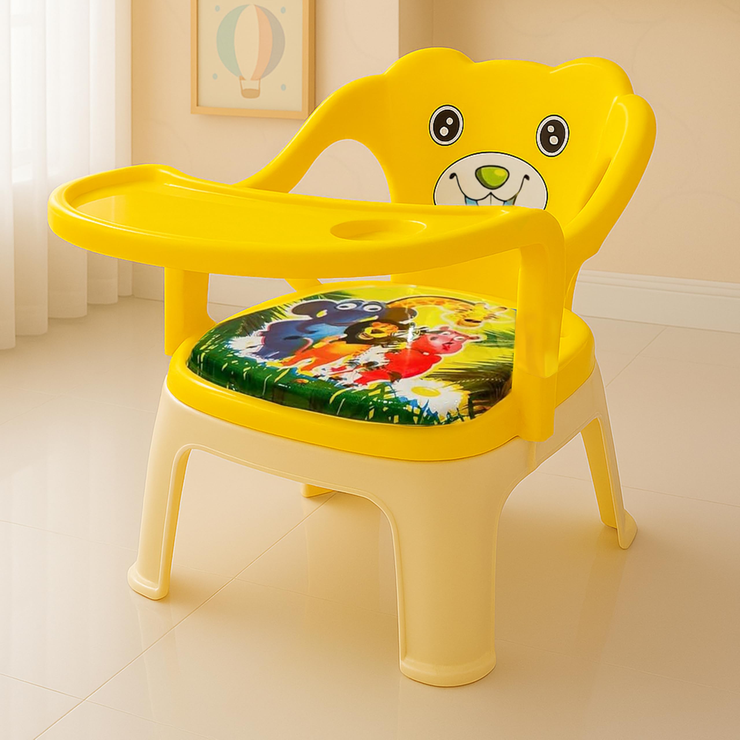Kidsmate Baby Chair for Feeding & Activity – Soft Cushion, Cute Cartoon Backrest, Removable Food Tray & Armrest | Lightweight & Durable Plastic Chair Ideal for for 1-3 Yrs Up to 30kg (Yellow)-image-3