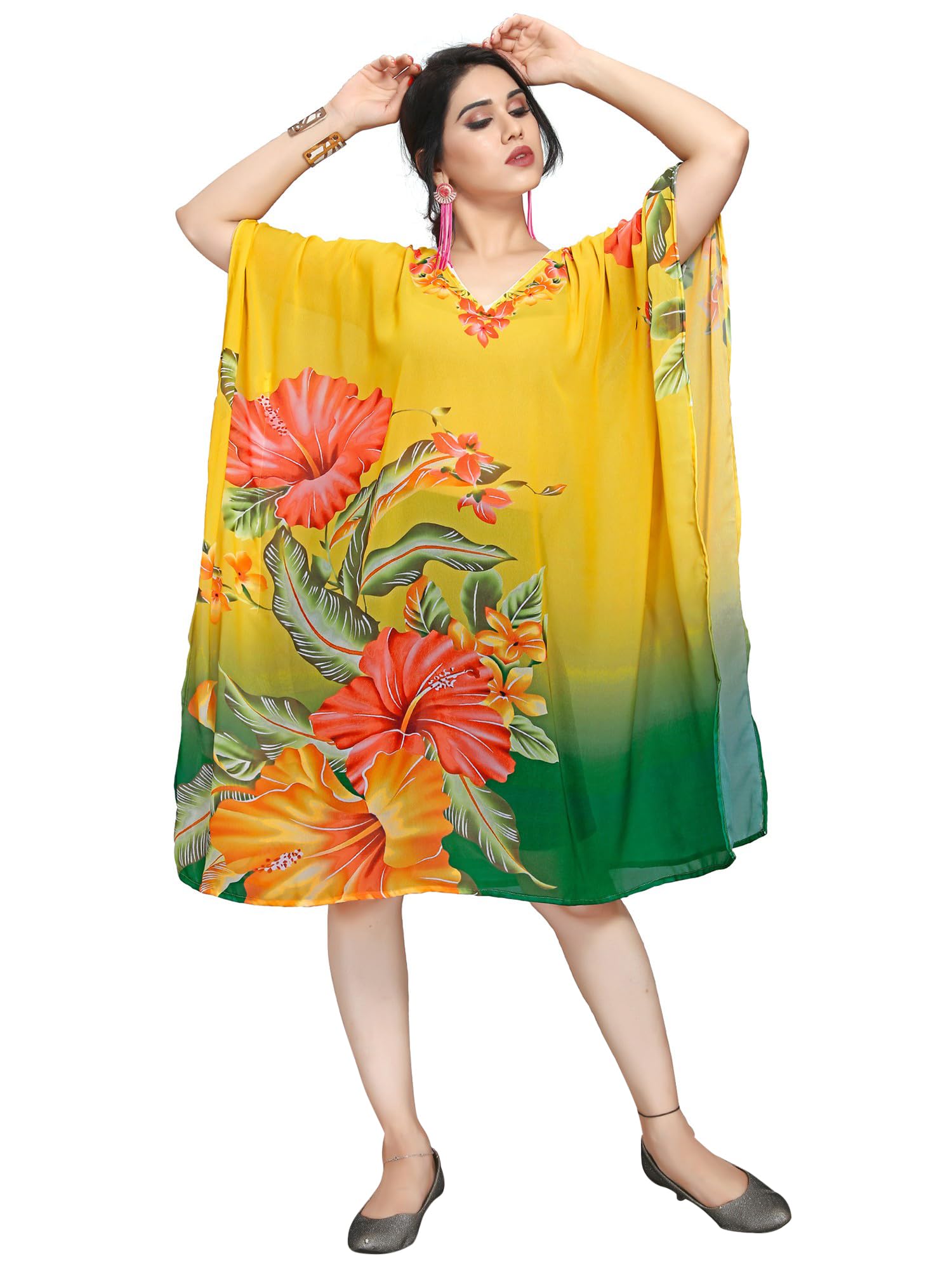 Georgette Short Kaftan with Printed Hibiscus Flowers Lightweight Summer Wear & Beach Cover Up for Women's-image-43