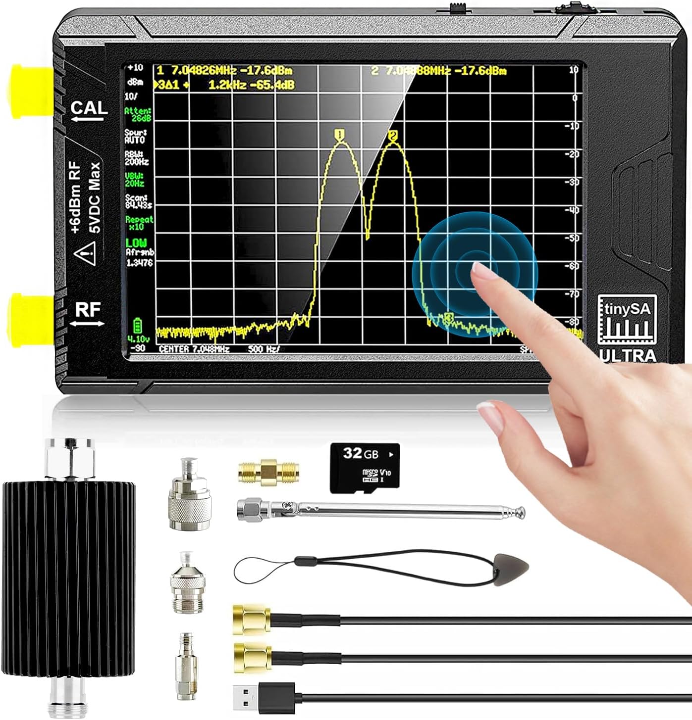 TinySA Ultra Spectrum Analyzer 100kHz-5.3GHz & 50W Attenuator,4Inch Handheld Tiny Frequency Analyzer with 32GB SD Card & 3000mAh Battery,2-in-1 RF Signal Generator RBW LNA DANL Phase Noise