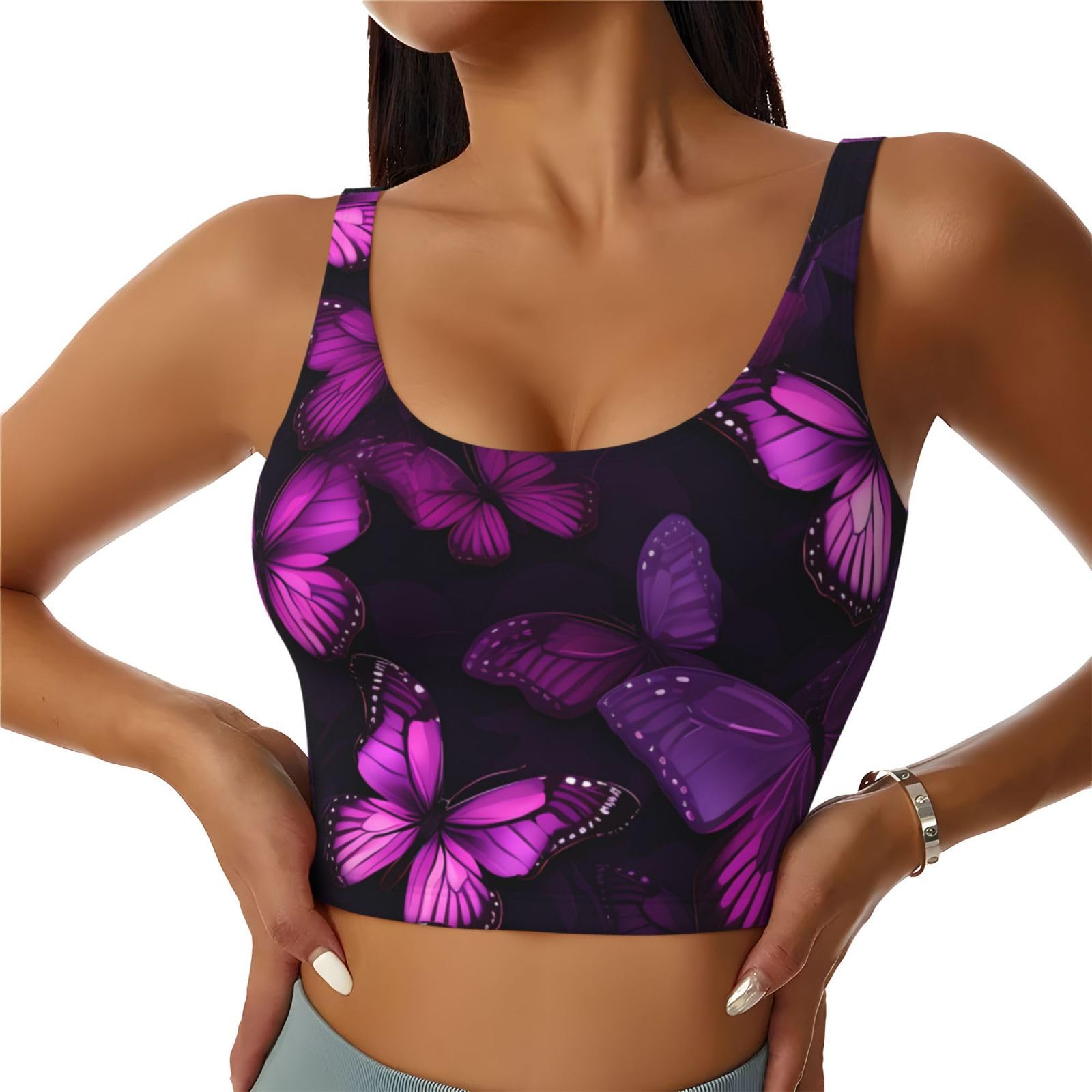 YYHWHJDE Women's Sports Bra Elastic Sports Vest Yoga Tank Top Tops Shirts Quick Dry Fabric Purple Plum Butterfly Printing 2XL