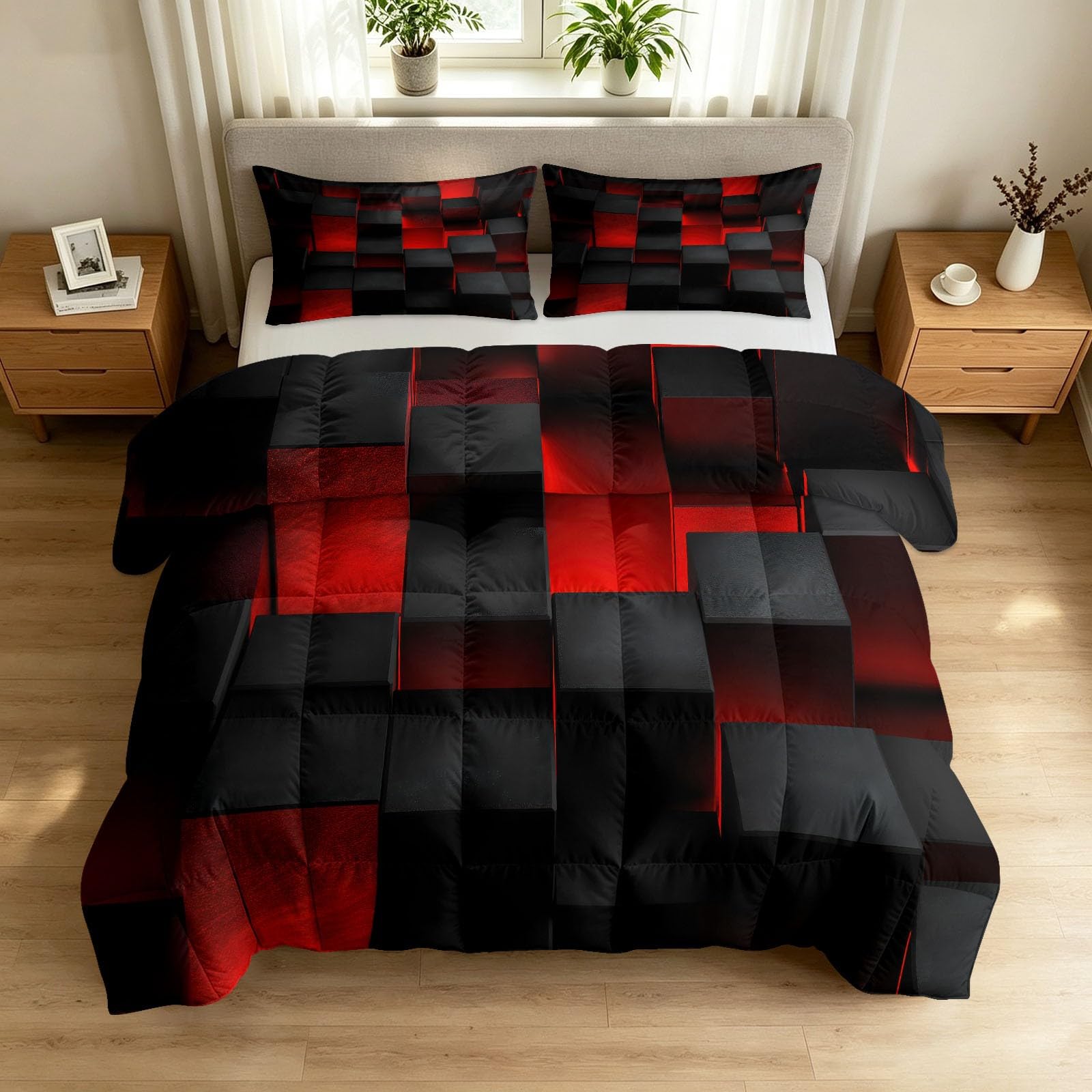 Edredón lavable King negro con fundas de almohada y acolchado geométrico reversible