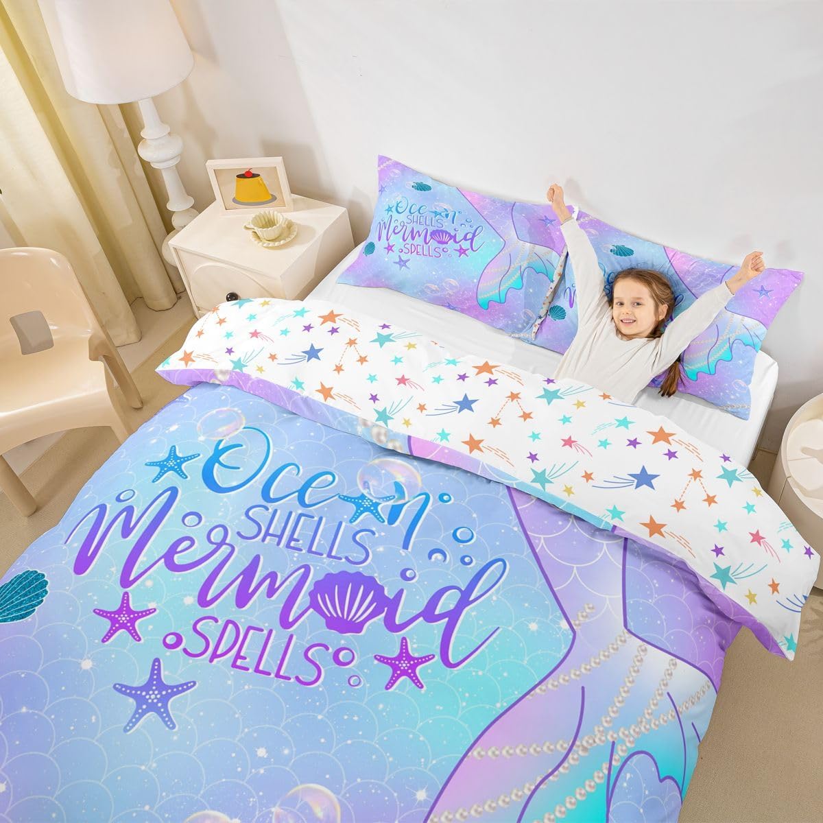 Mermaid Bedding Set Twin Size Girls Purple Blue Mermaid Scale Comforter Cover Set for Kids Baby Girl Ocean Marine Them Duvet Cover Glitter Princess Style Bedspread Cover Room Decor Quilt Cover