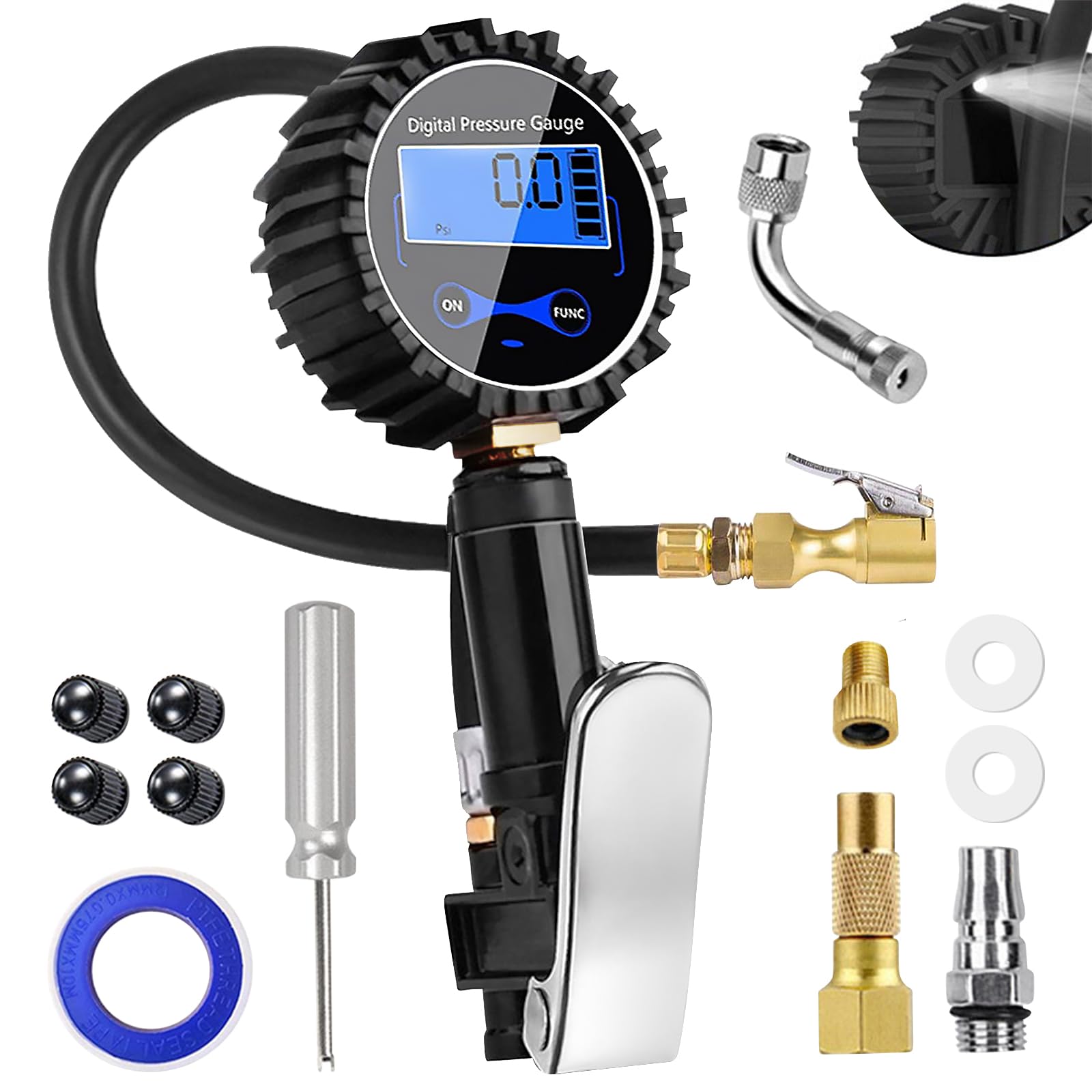 Set de vérificateur de pression d'air et de gonfleur de pneu, 3~200 PSI - Gonfleur de pneu numérique calibré avec 20 pièces d'accessoires, Manomètre numérique multifonctionnel avec écran LCD pour