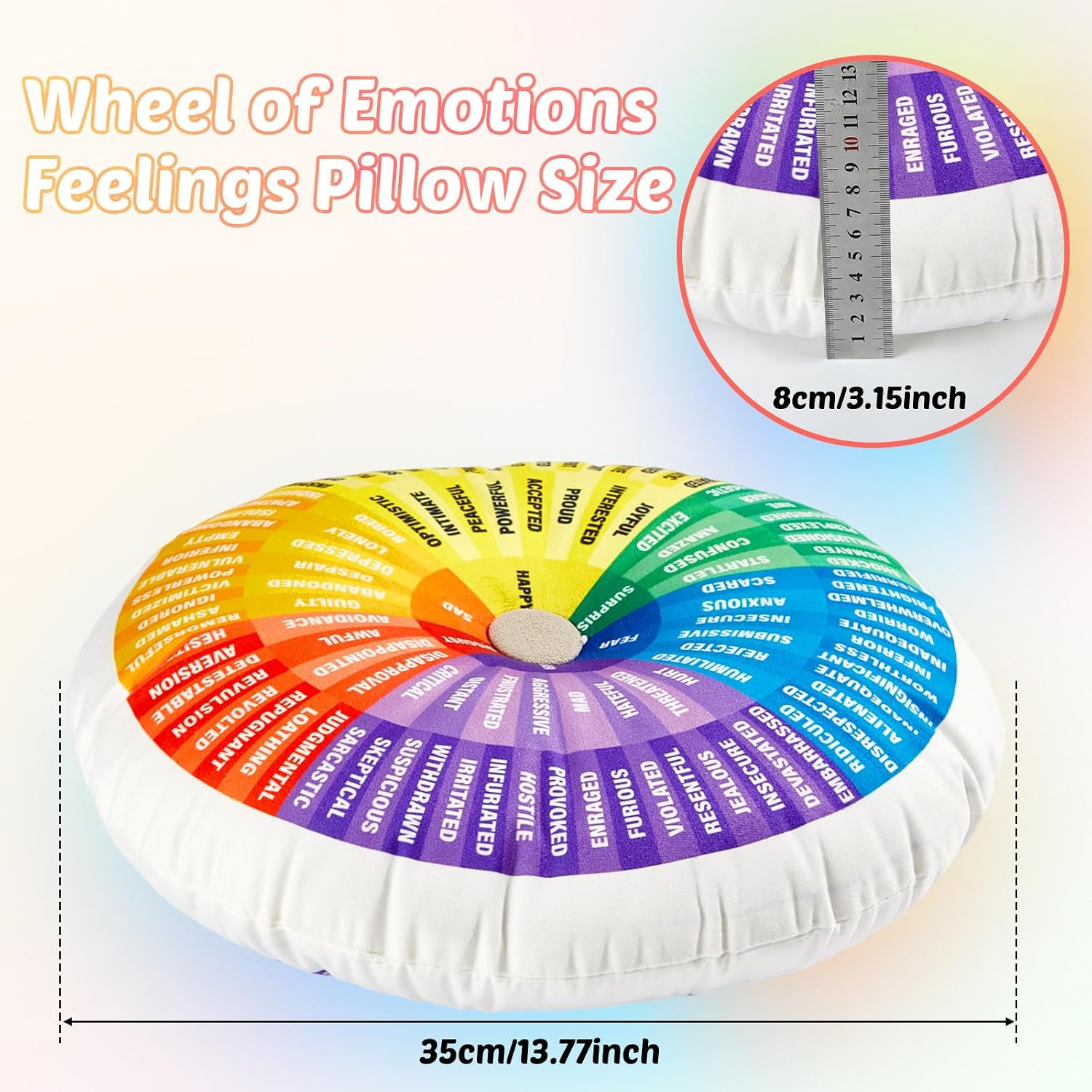 party greeting Wheel of Emotions Feelings Pillow Round Velvet Feelings Wheel Emotion Throw Pillow Circle Seating Floor Cushion for Office Home Room Sofa Decor Counselor Physical Therapist Gift Rainbow