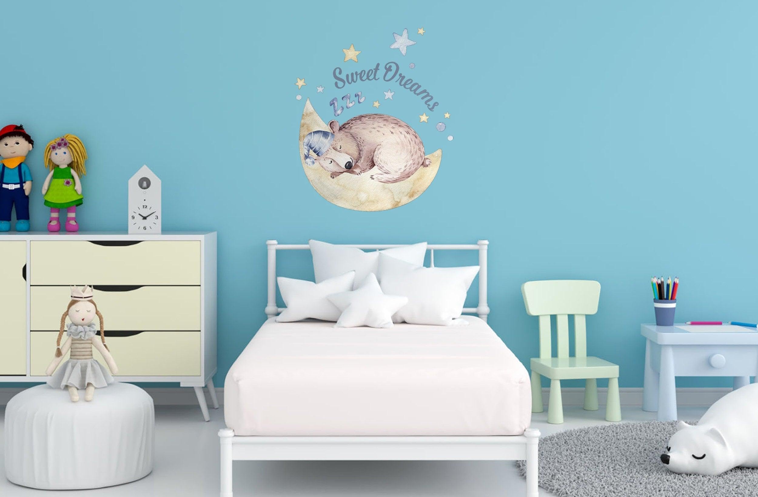 Adorable calcomanía de pared con diseño de cielo de animales infantiles, decoración creativa para habitación de niños, el conejito dormilón