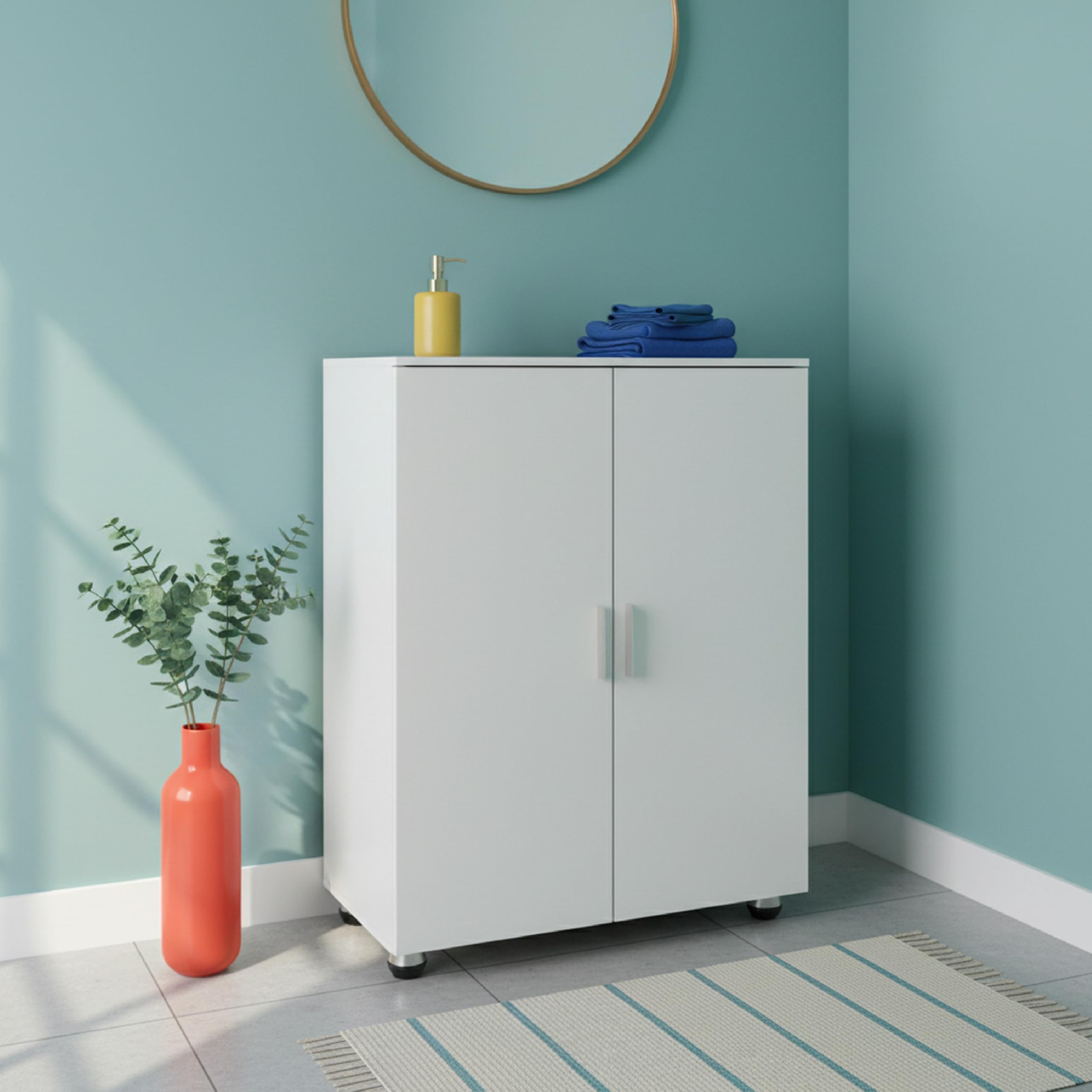 Baroni Home Mobile Bagno a 2 Ante con 3 Scomparti Interni, Armadietto Salvaspazio in MDF con Maniglie e Piedi in Acciaio, Mobile Multiuso per Bagno e Lavanderia, 30x60x82 cm (Bianco)