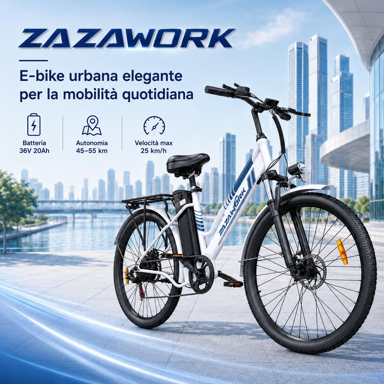 Bici Elettrica Uomo Donna 26 Pollici, E-Bike City con Motore 250W e Batteria 36V 20Ah, Autonomia 120km, Cambio 7 Velocità, Freni a Disco, Bicicletta Elettrica Economica