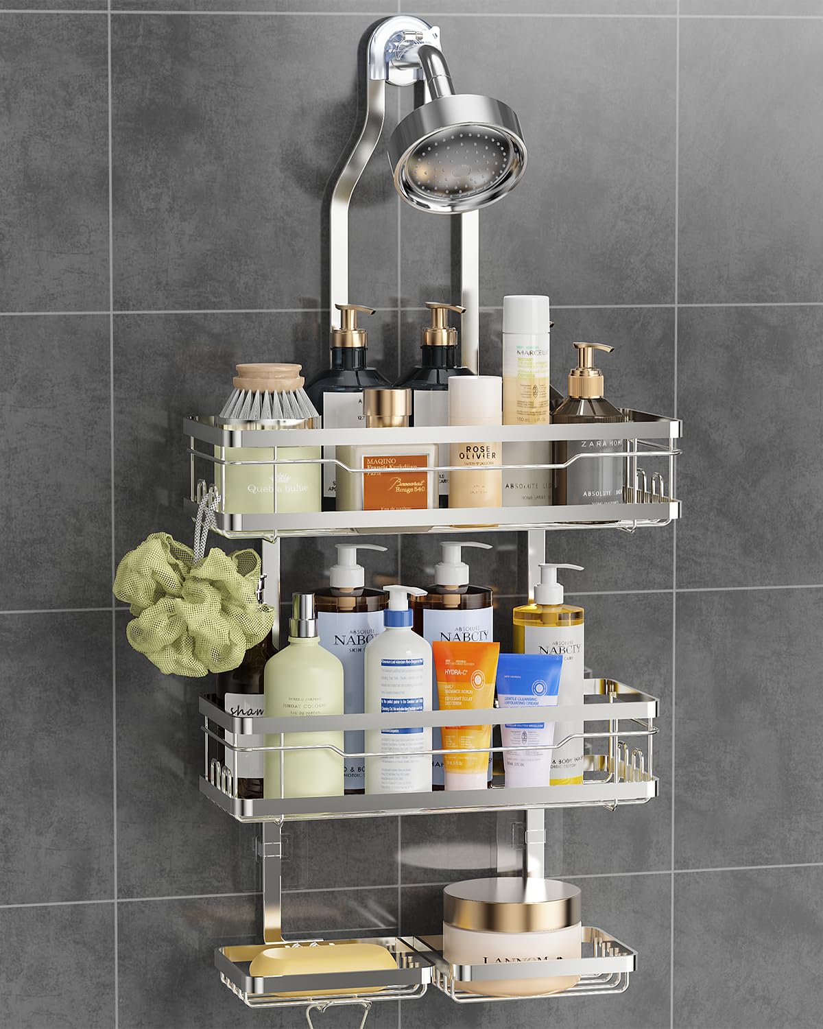 OMAIRA Shower Caddy Hanging with Soap Scrub Holder Stainless Steel Adjustable No Drilling Non-Slip Large Capacity Sturdy Over