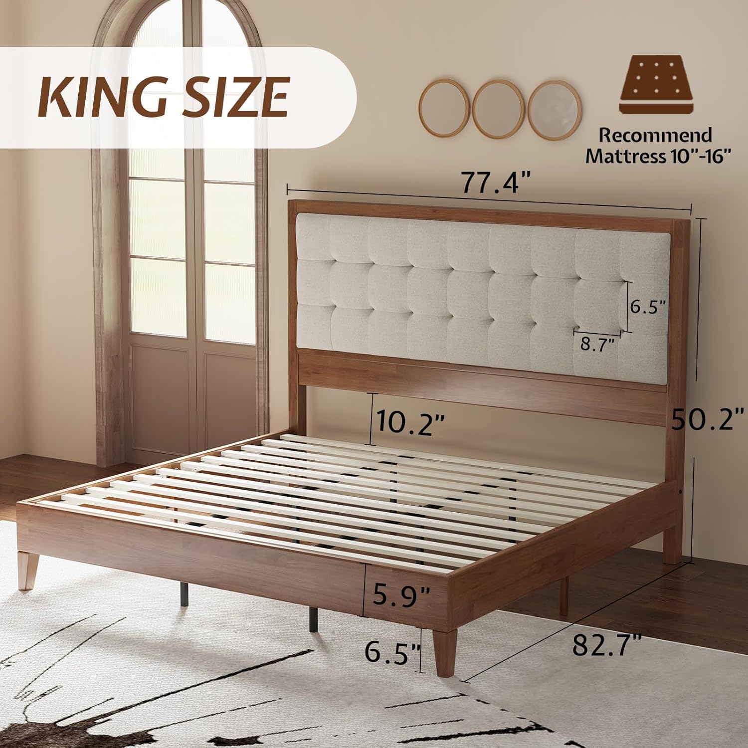 Jocisland Solid Wood King Size Bed Frame 50.2" Tall Upholstered Headboard, Mid-Century Style, Stable Platform Support, No Box Spring Needed, Walnut